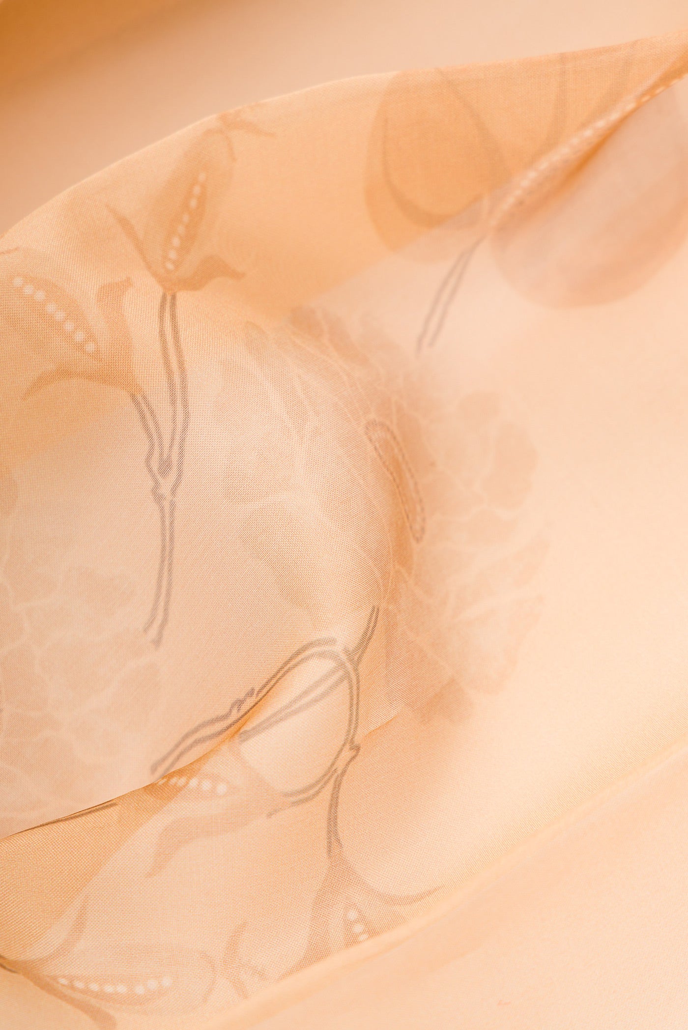 Close up of Golden Peach Dual Tone Organza Silk Saree with Printed design on the body and Zari Border.  displaying folds
