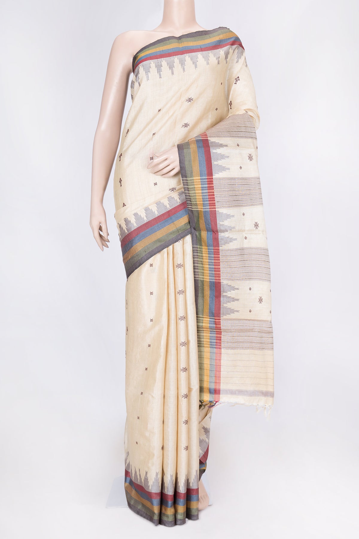 Beige Dual Tone Tussar Silk Saree with Embroidery on the body and Plain Border displayed on a mannequin