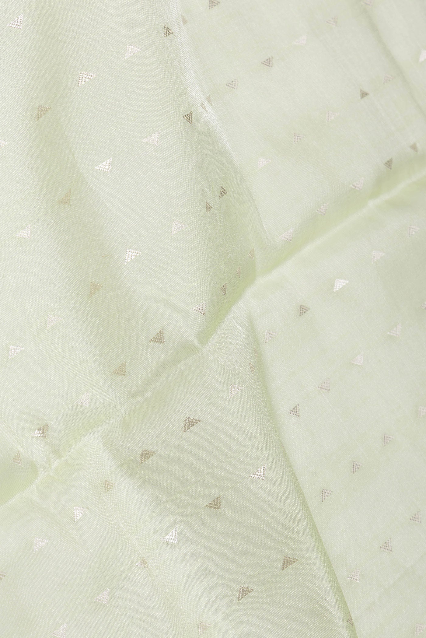 Close up of Pista Green Dual Tone Chanderi Tissue Silk Saree with Zari Butta on the body and Zari Border.  displaying folds