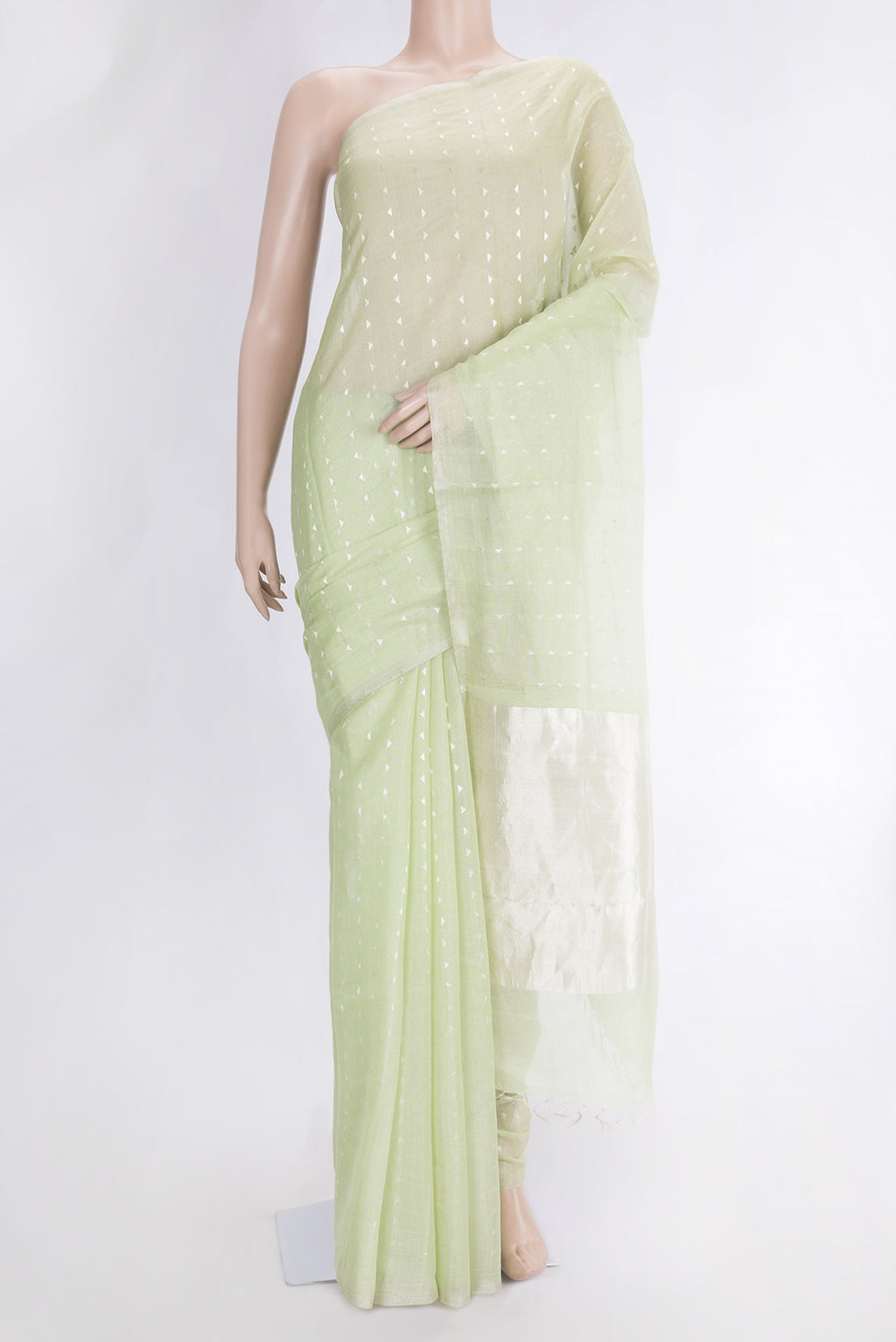 Pista Green Dual Tone Chanderi Tissue Silk Saree with Zari Butta on the body and Zari Border.  displayed on a mannequin