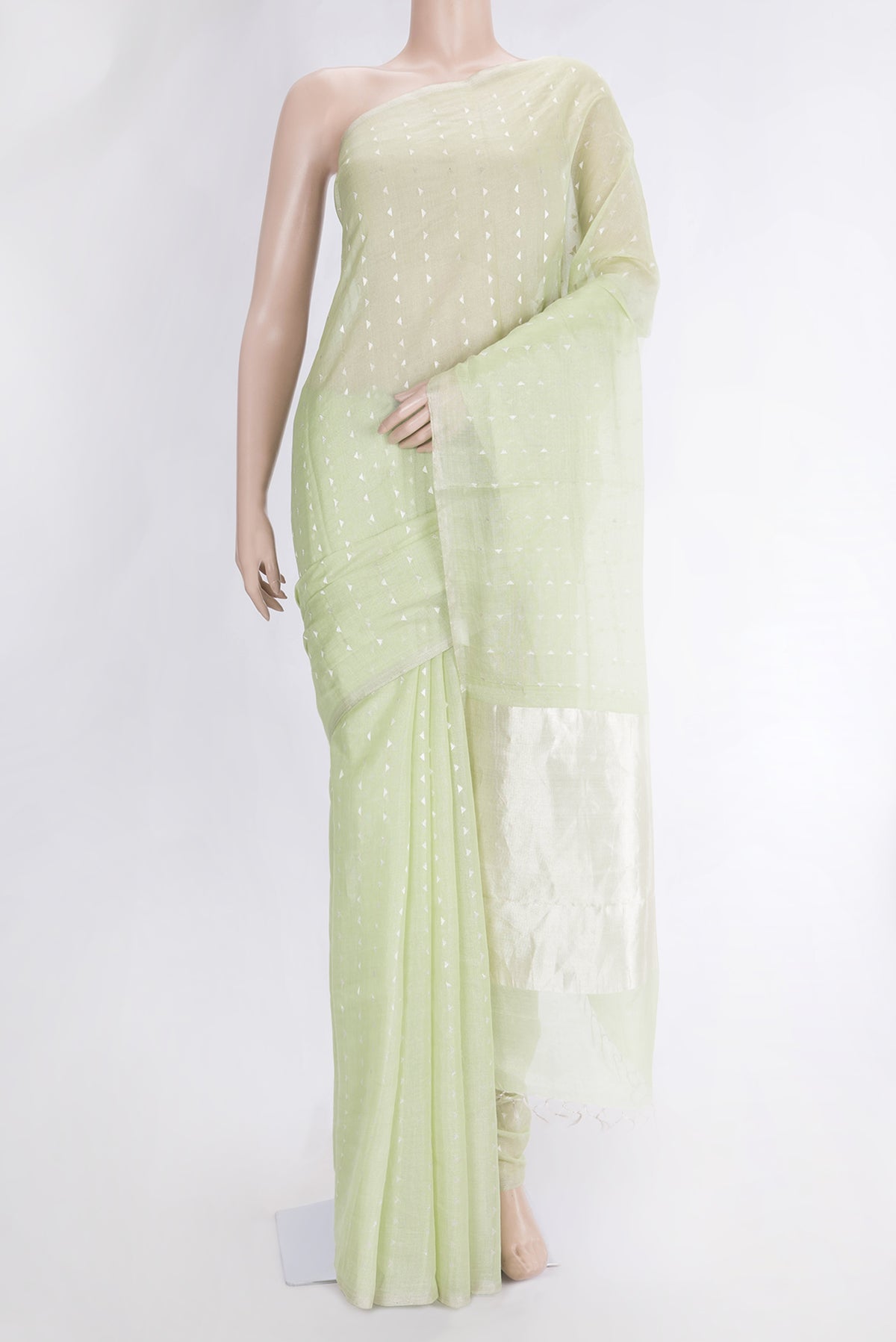 Pista Green Dual Tone Chanderi Tissue Silk Saree with Zari Butta on the body and Zari Border.  displayed on a mannequin