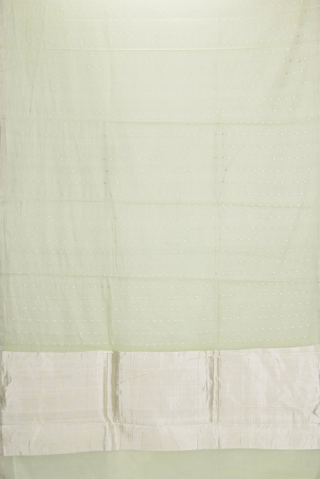 Flat view of Pista Green Dual Tone Chanderi Tissue Silk Saree with Zari Butta on the body and Zari Border. 