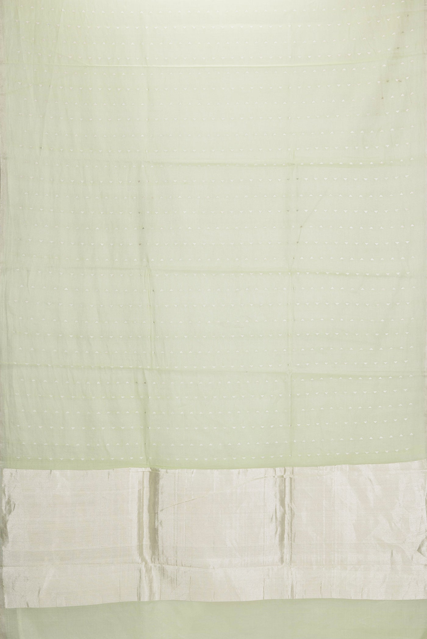 Flat view of Pista Green Dual Tone Chanderi Tissue Silk Saree with Zari Butta on the body and Zari Border. 