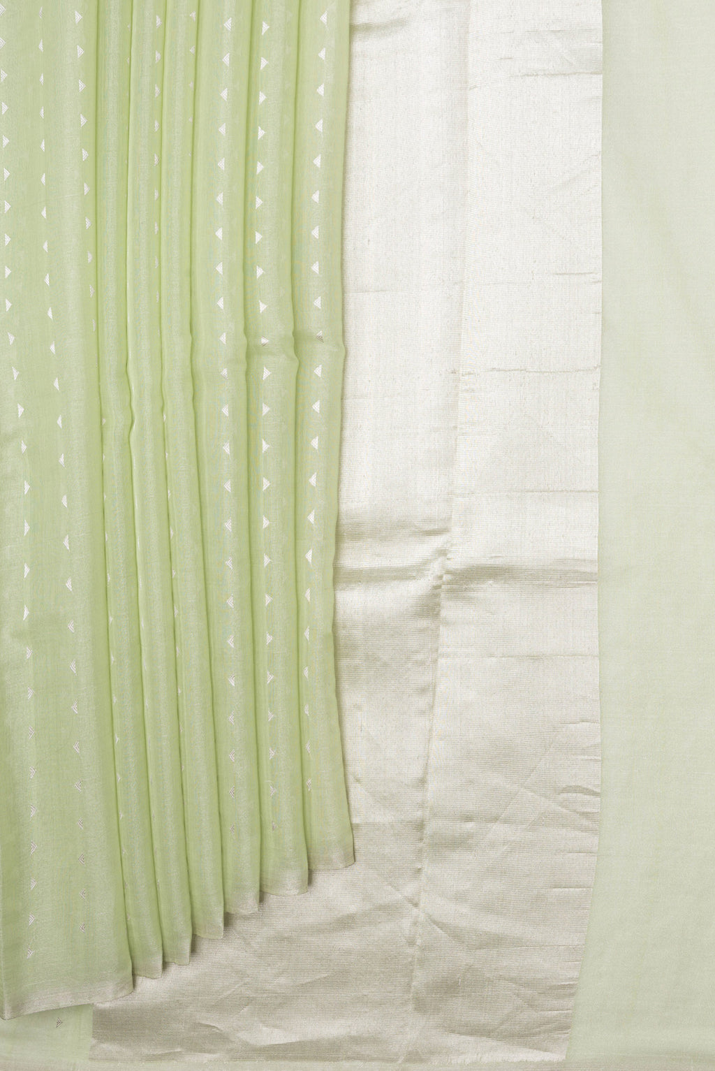 Pleats and pallu of Pista Green Dual Tone Chanderi Tissue Silk Saree with Zari Butta on the body and Zari Border. 