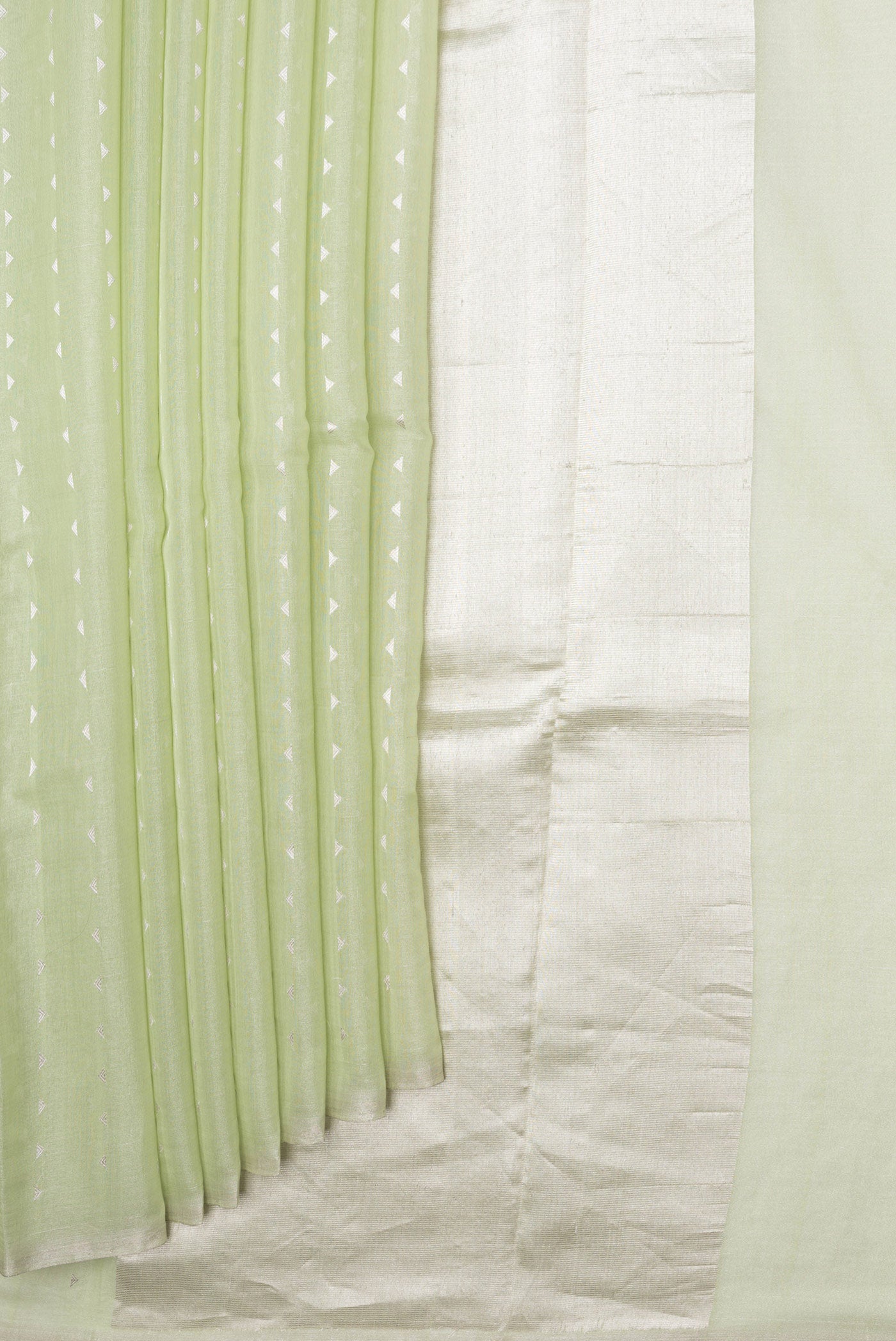 Pleats and pallu of Pista Green Dual Tone Chanderi Tissue Silk Saree with Zari Butta on the body and Zari Border. 