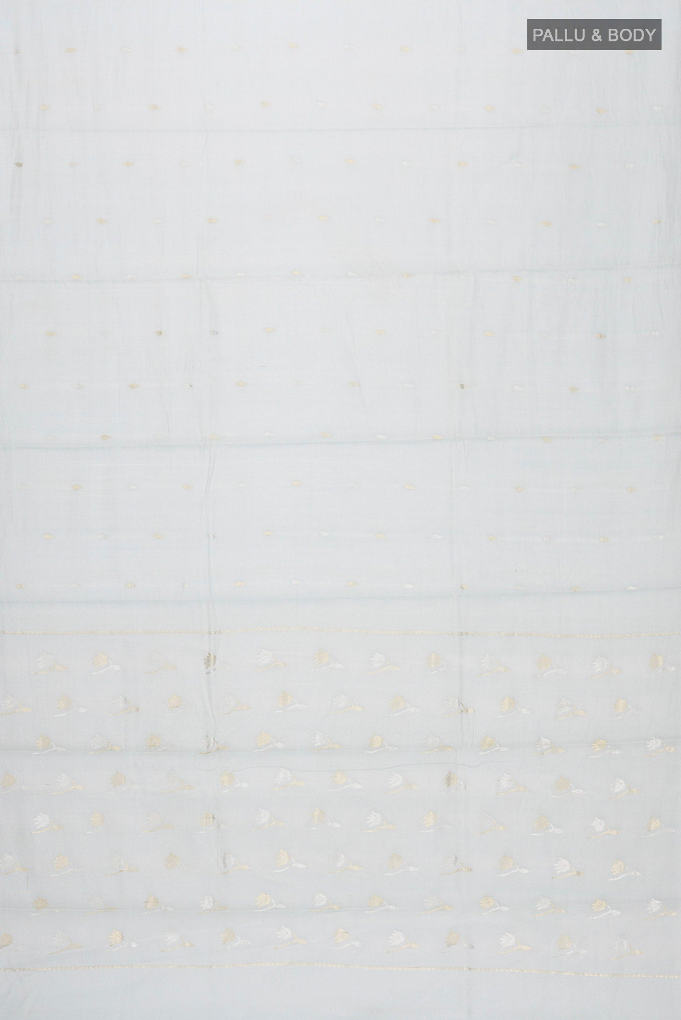 Flat view of Light Blue Bhagalpuri Tussar Silk Saree with Zari Butta on the body and Zari Border