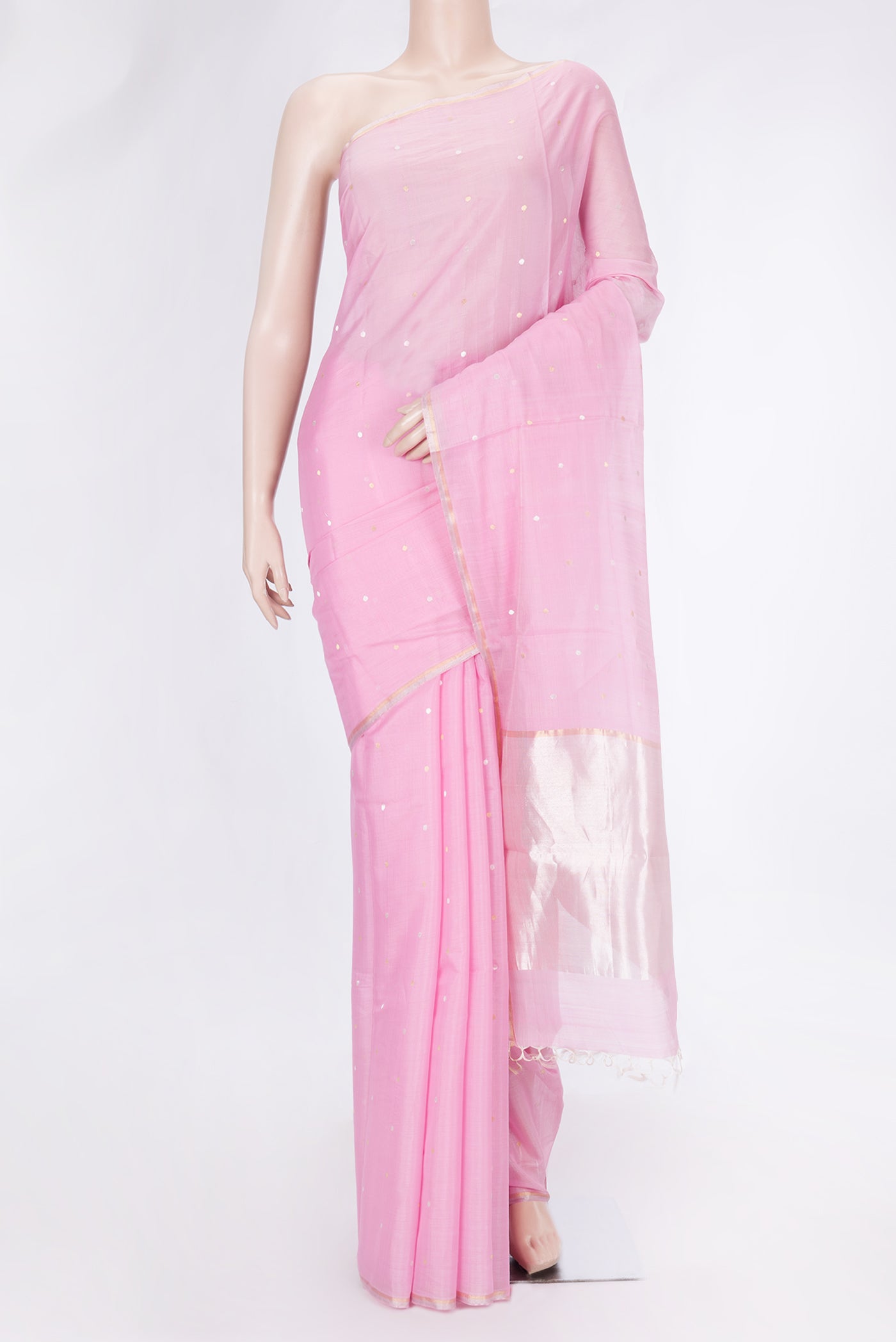 Pink Dual Tone Tussar Silk Saree with Zari Butta on the body and Zari Border.  displayed on a mannequin