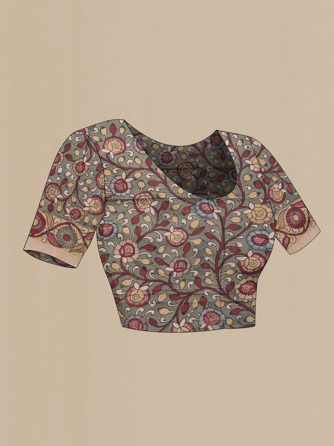 Close up image of the blouse of Dark Beige Dual Tone Tussar Silk Saree with kalamkari Print on the body and Zari Border. 