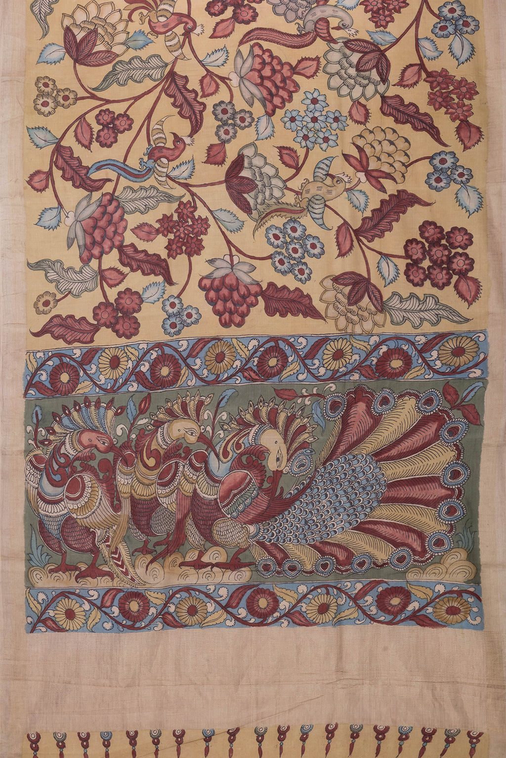 Flat view of Dark Beige Dual Tone Tussar Silk Saree with kalamkari Print on the body and Zari Border. 