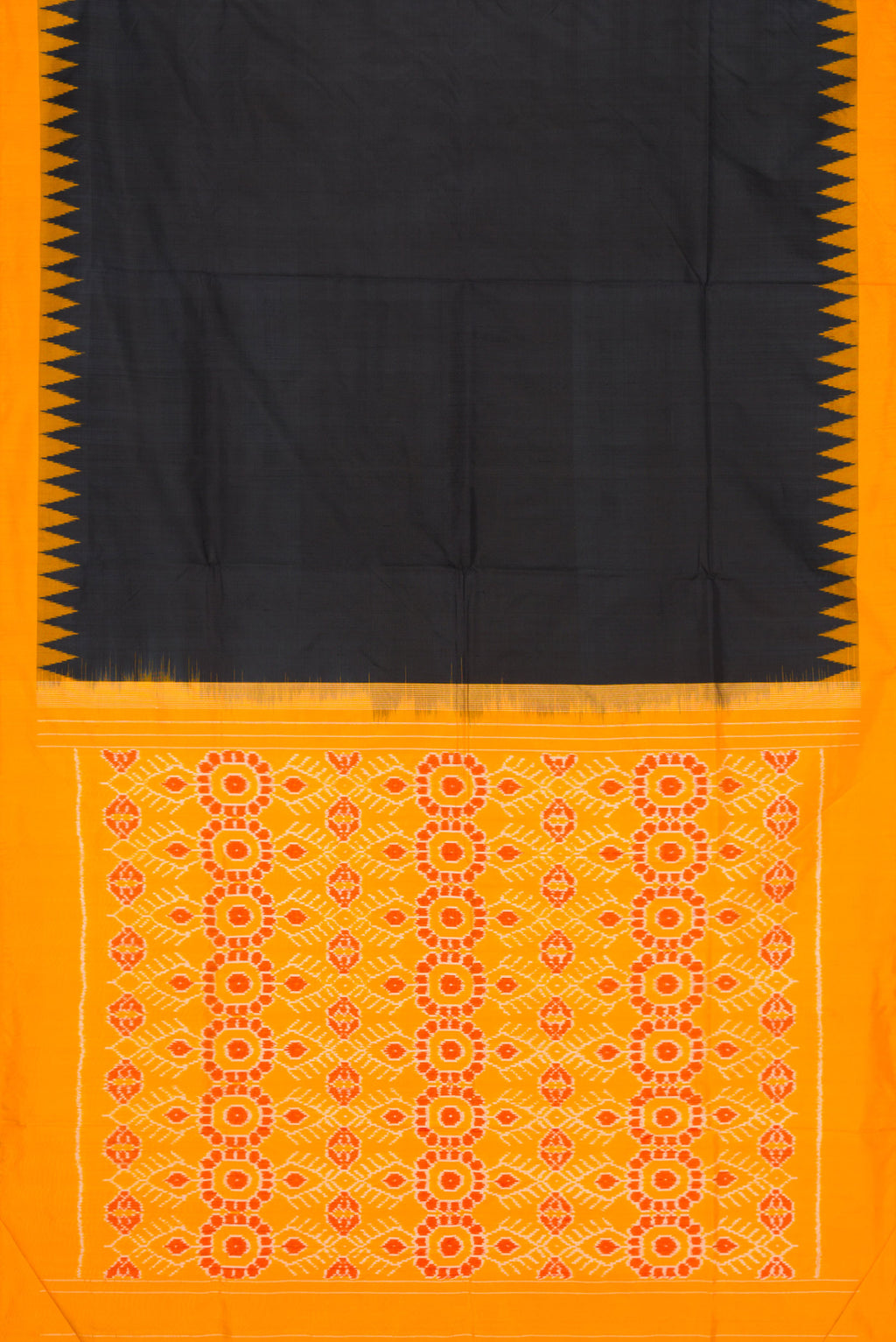 Flat view of Black Dual Tone Double Ikat Saree with Plain Body and Temple Border. 