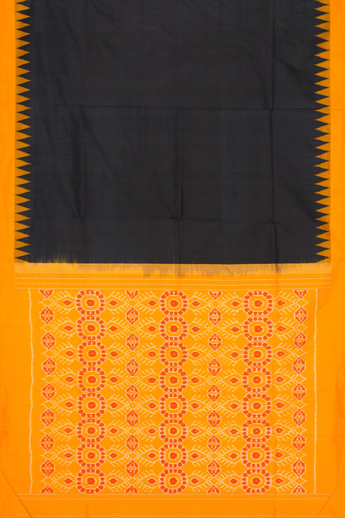 Flat view of Black Dual Tone Double Ikat Saree with Plain Body and Temple Border. 