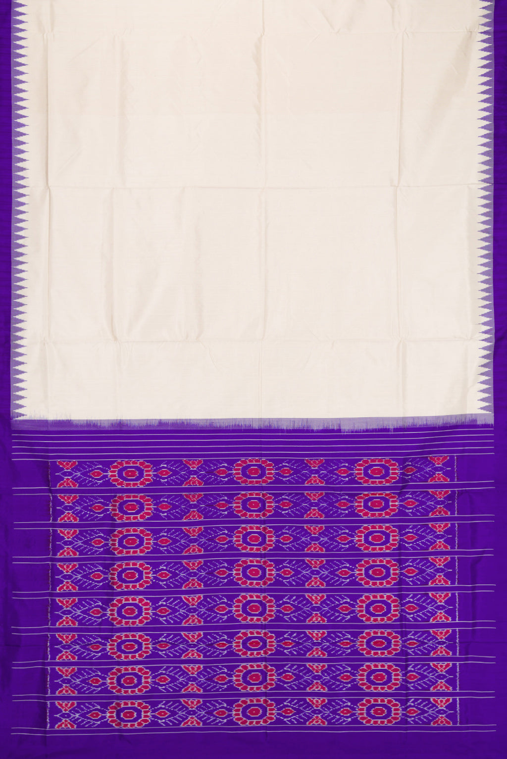 Flat view of Off White Double Ikat Saree with Plain Body and Ikat Border. 