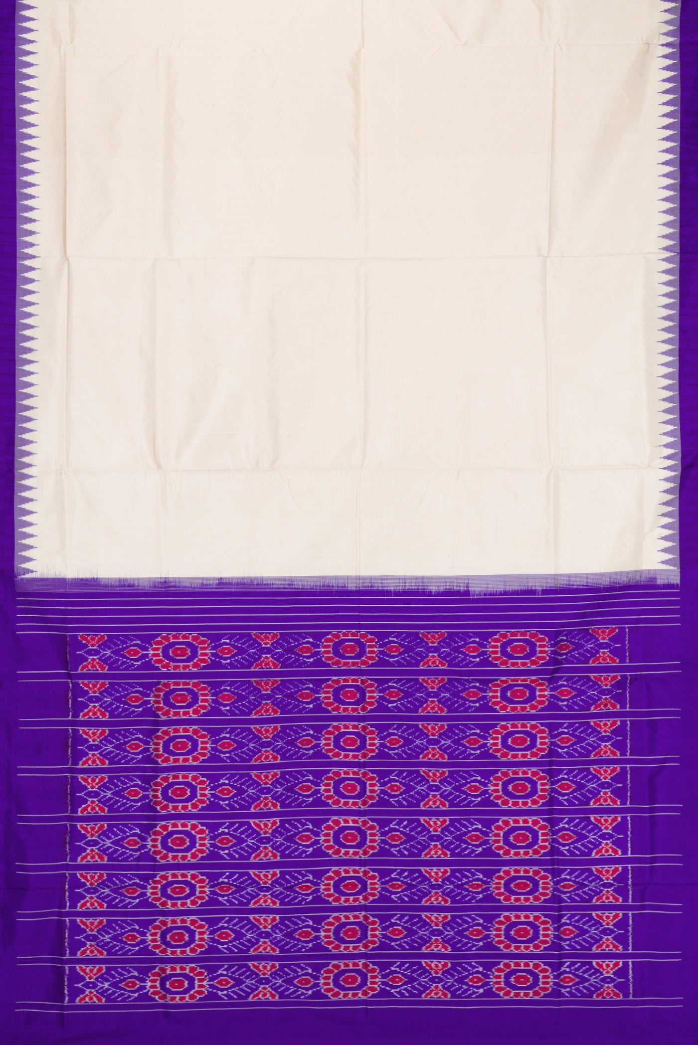 Flat view of Off White Double Ikat Saree with Plain Body and Ikat Border. 