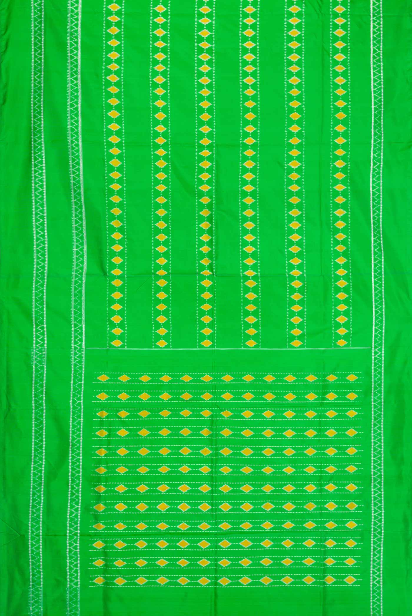 Flat view of Parrot Green Dual Tone Rajkot Patola Silk Saree with Ikat Print on the body and Ikat Border