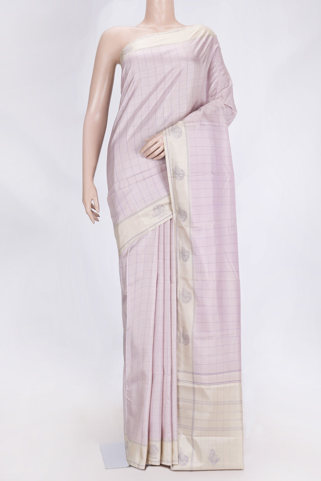 Lavender Dual Tone Kanchipuram Saree with Checked design on the body and Thread Border.  displayed on a mannequin