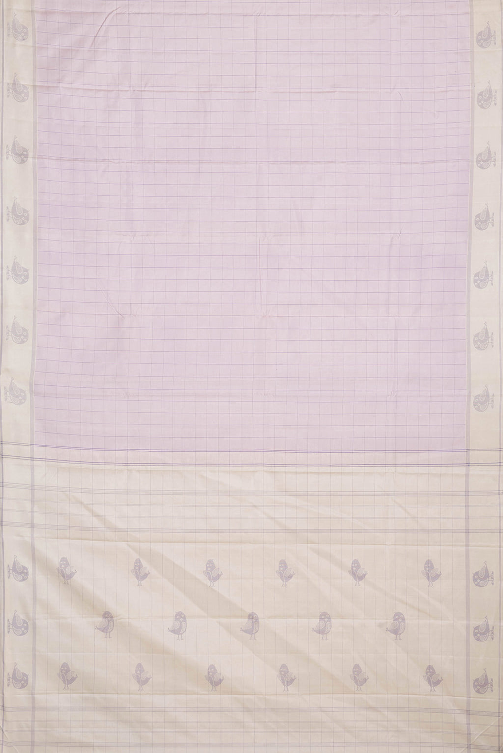 Flat view of Lavender Dual Tone Kanchipuram Saree with Checked design on the body and Thread Border. 