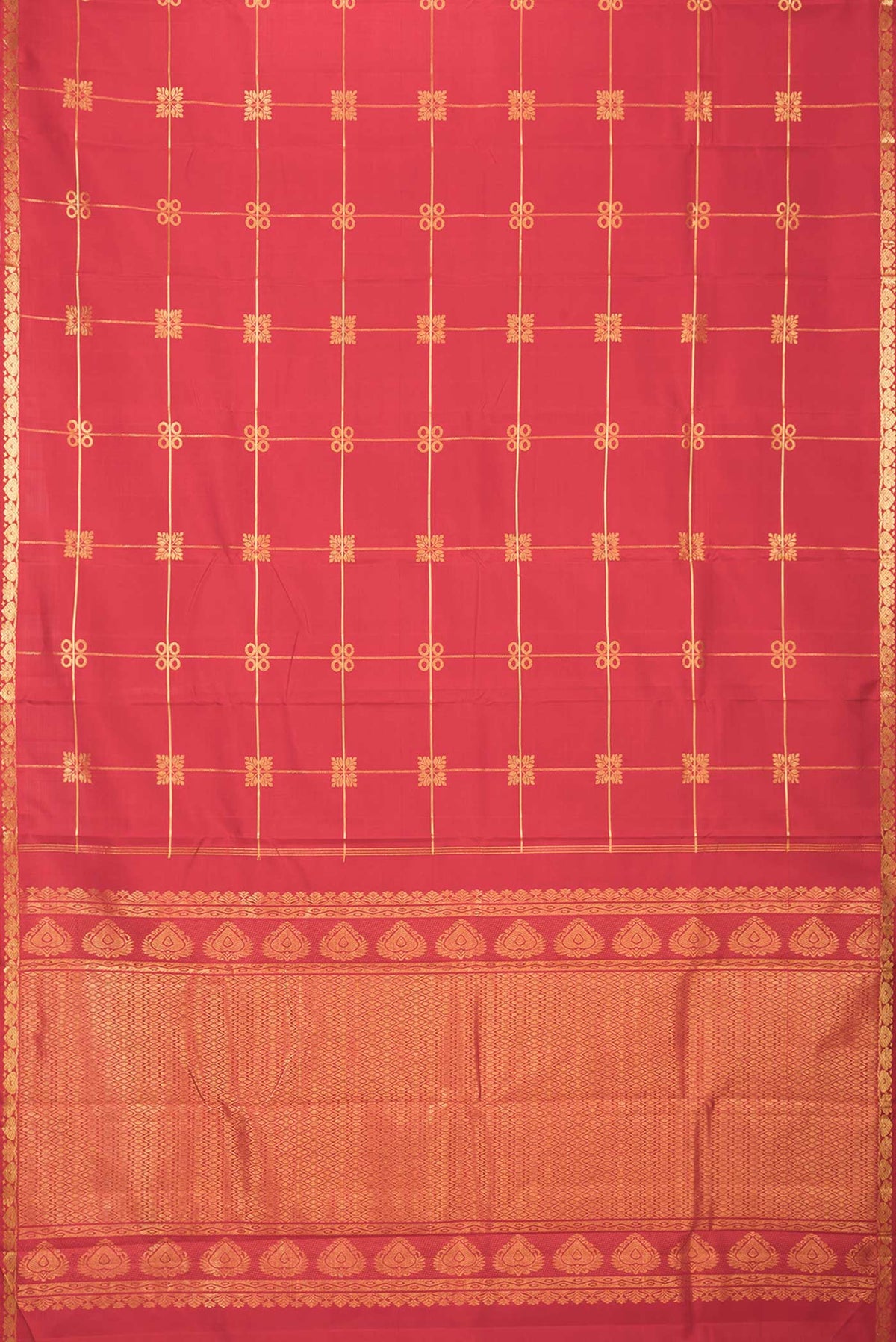 Flat view of Red Dual Tone Kanchipuram Silk Saree with Checked design on the body and Zari Border