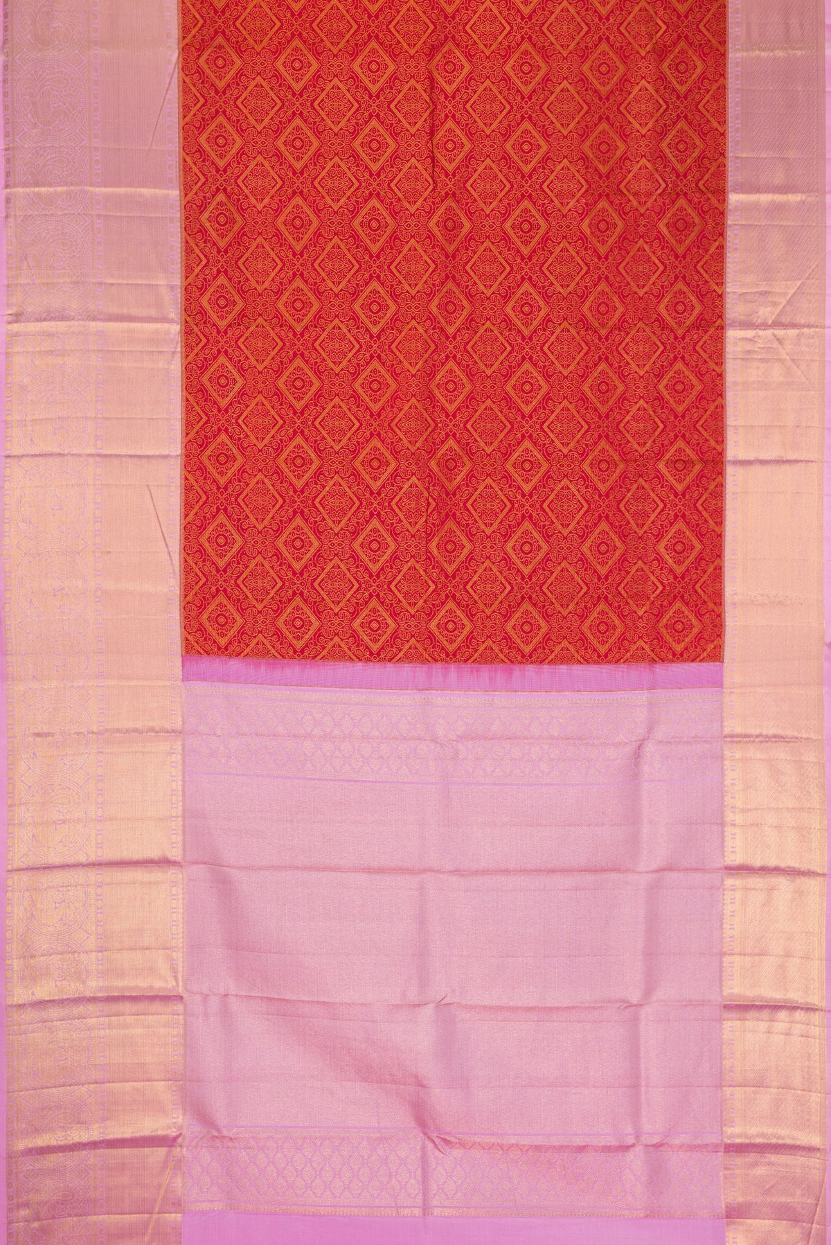 Flat view of Dark Pink Dual Tone Kanchipuram Silk Saree with Zari Brocade on the body and Zari Border. 