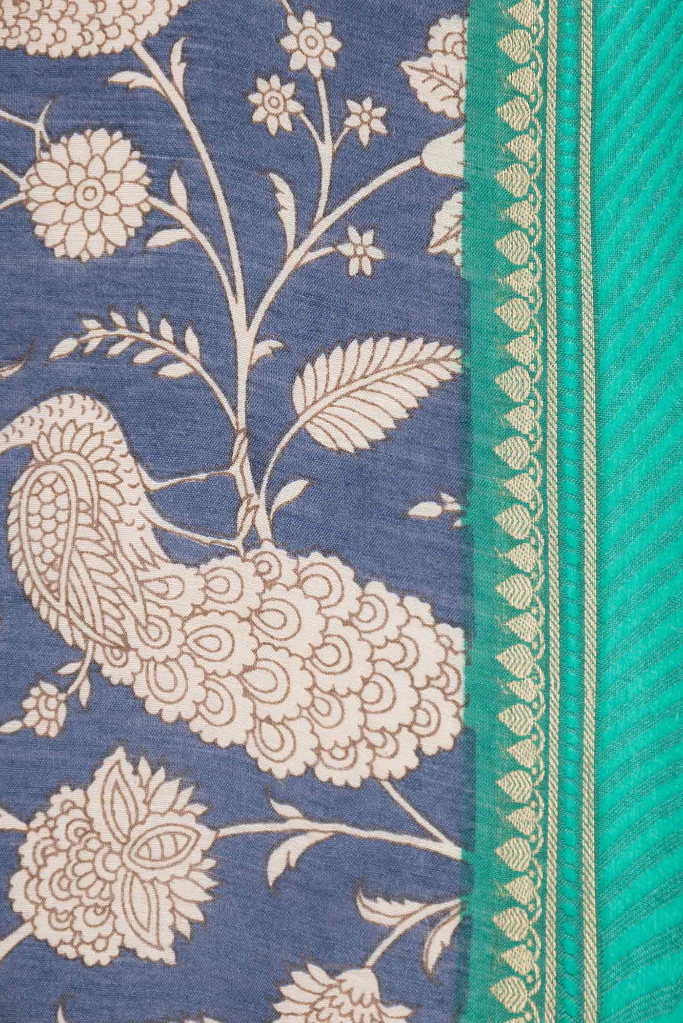 Border image of Navy Blue Dual Tone Tussar Silk Saree with Printed design on the body and Zari Border