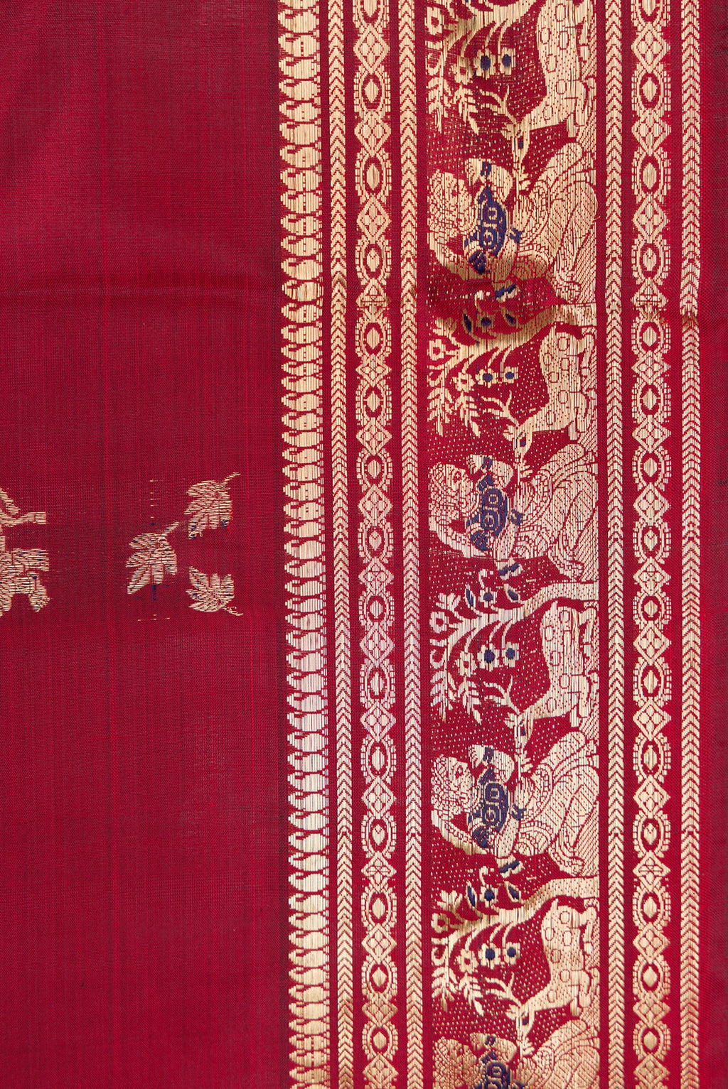 Border image of Maroon Dual Tone Baluchari Silk Saree with Zari And Thread Butta on the body and Fancy Border. 