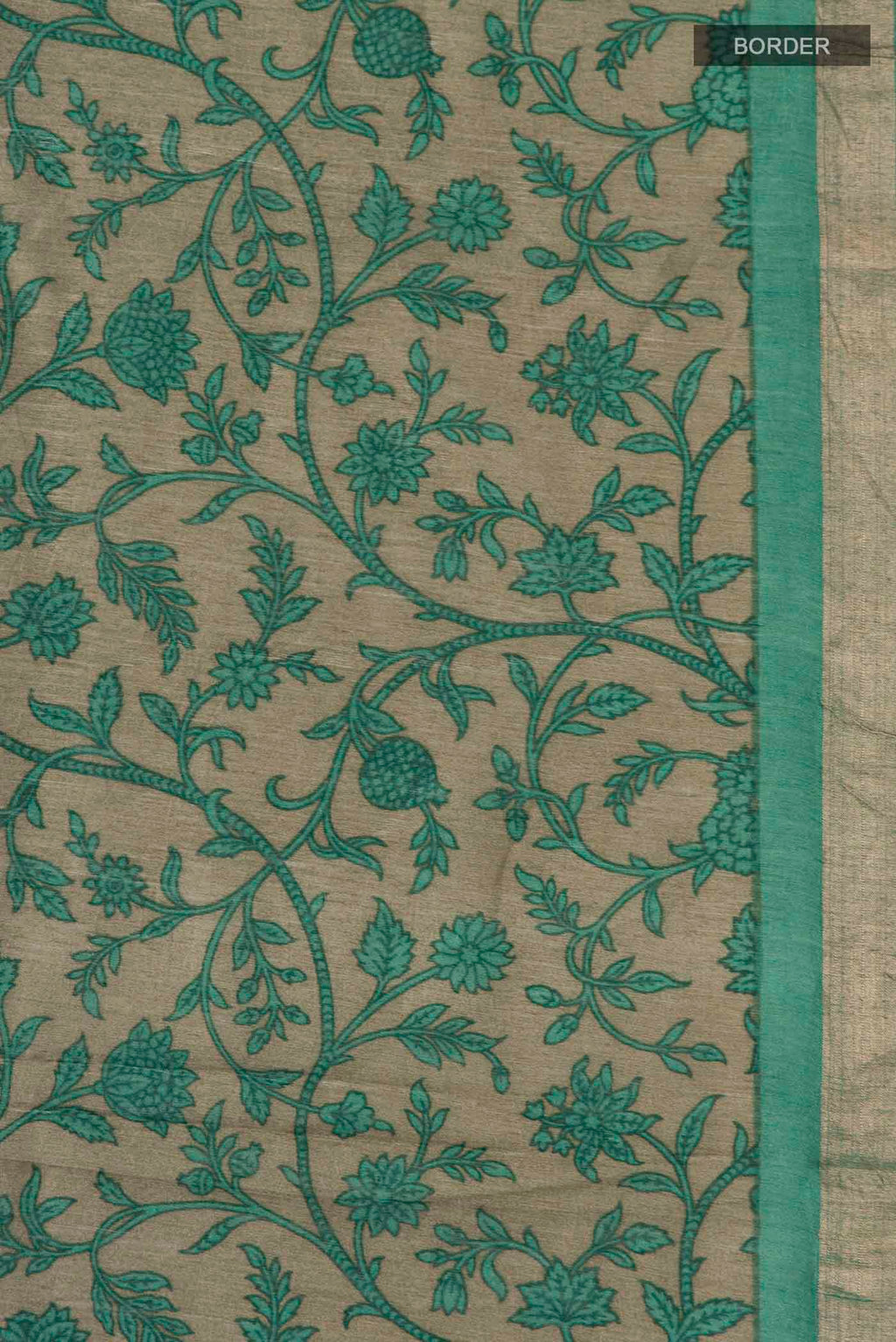 Border image of Green Tussar Silk Saree with Printed design on the body and Zari Border