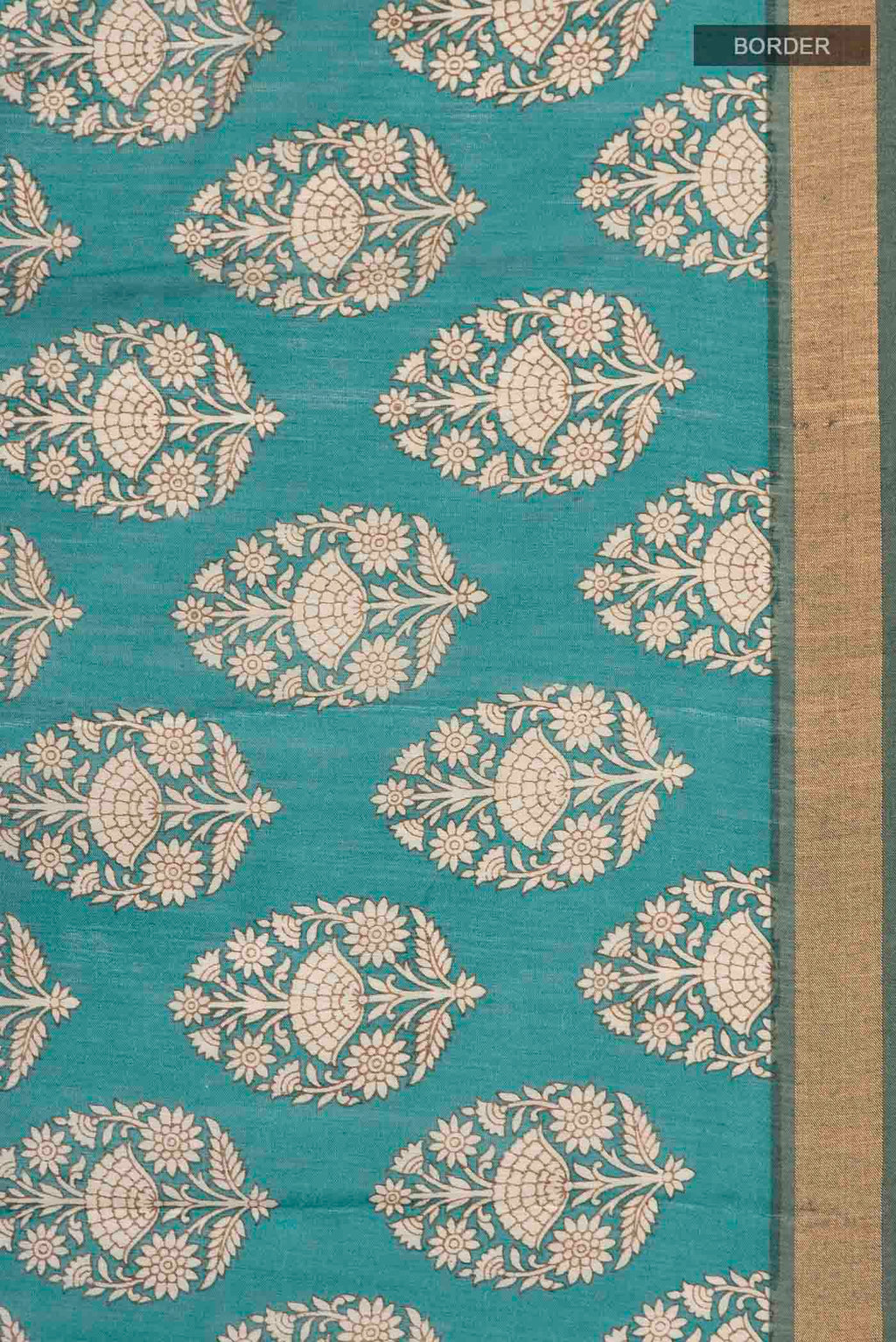 Border image of Green Tussar Silk Saree with Printed design on the body and Zari Border