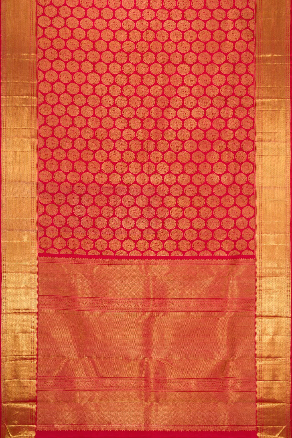 Flat view of Pure Silk Pure Zari Red Dual Tone Kanjivaram Saree with Zari Brocade on the body and Zari Border. 