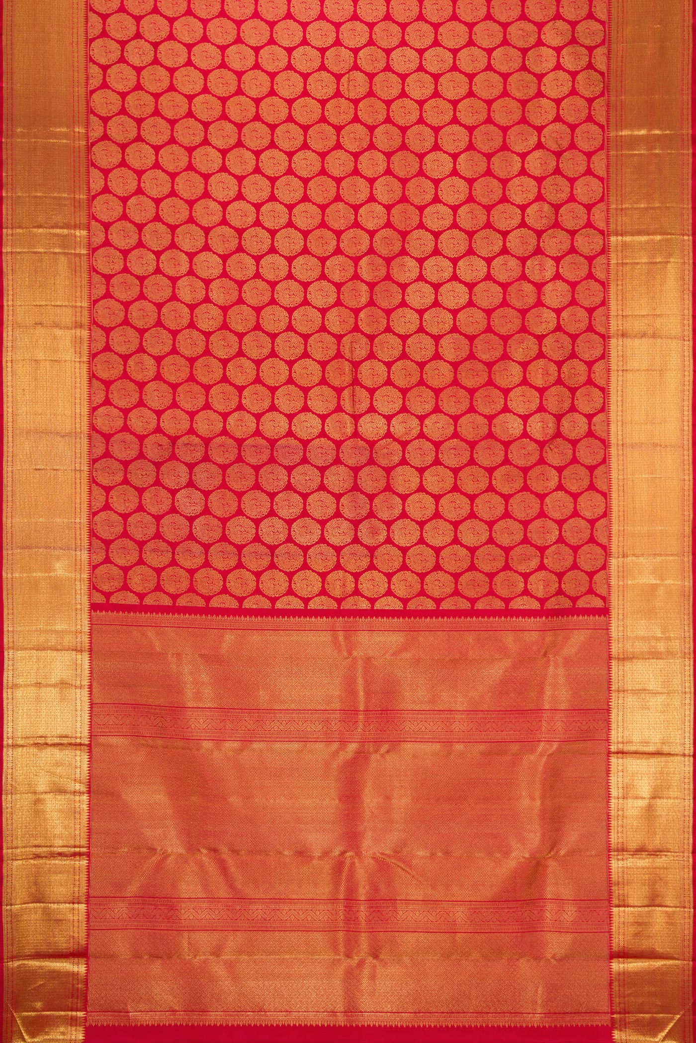 Flat view of Pure Silk Pure Zari Red Dual Tone Kanjivaram Saree with Zari Brocade on the body and Zari Border. 