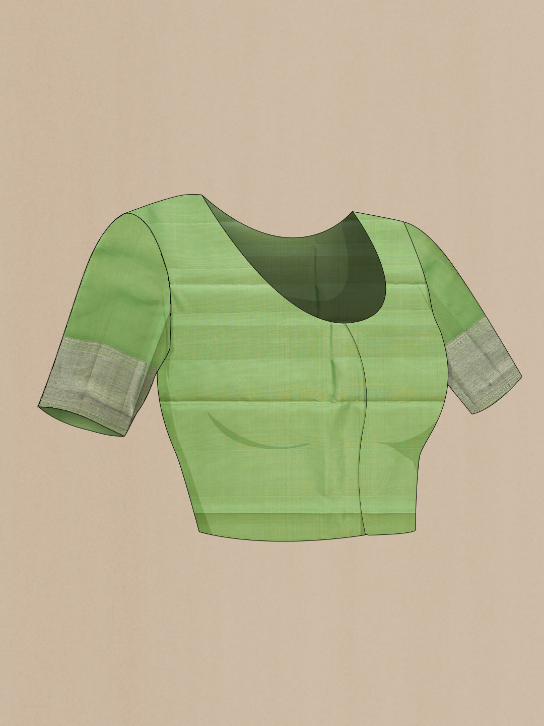 Close up image of the blouse of Green Dual Tone Kanchipuram Silk Saree with Zari Brocade on the body and Zari Border