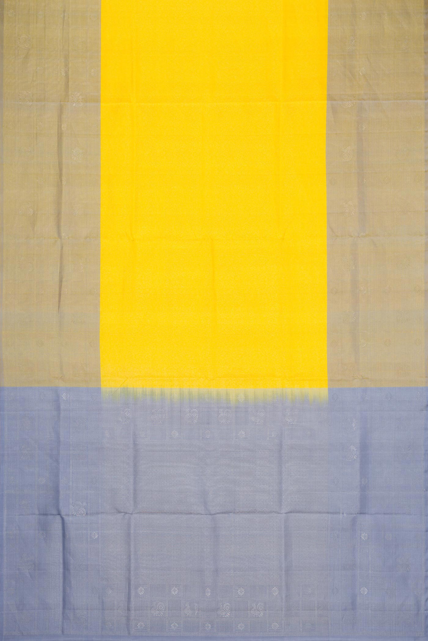 Flat view of Yellow Dual Tone Soft Silk Saree with Zari Brocade on the body and Zari Border. 