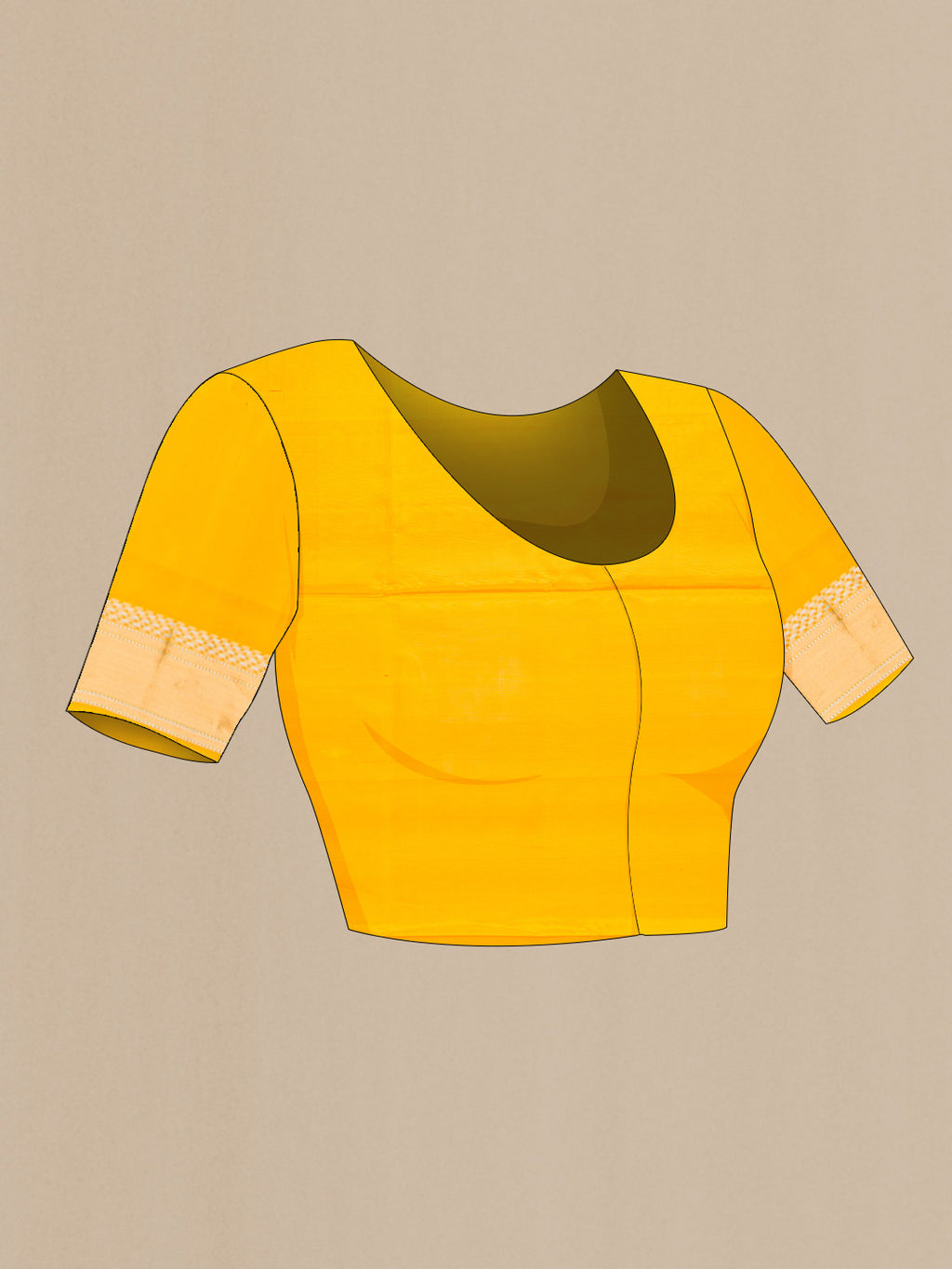 Close up image of the blouse of Mustard Dual Tone Soft Silk Saree with Zari Butta on the body and Zari Border. 