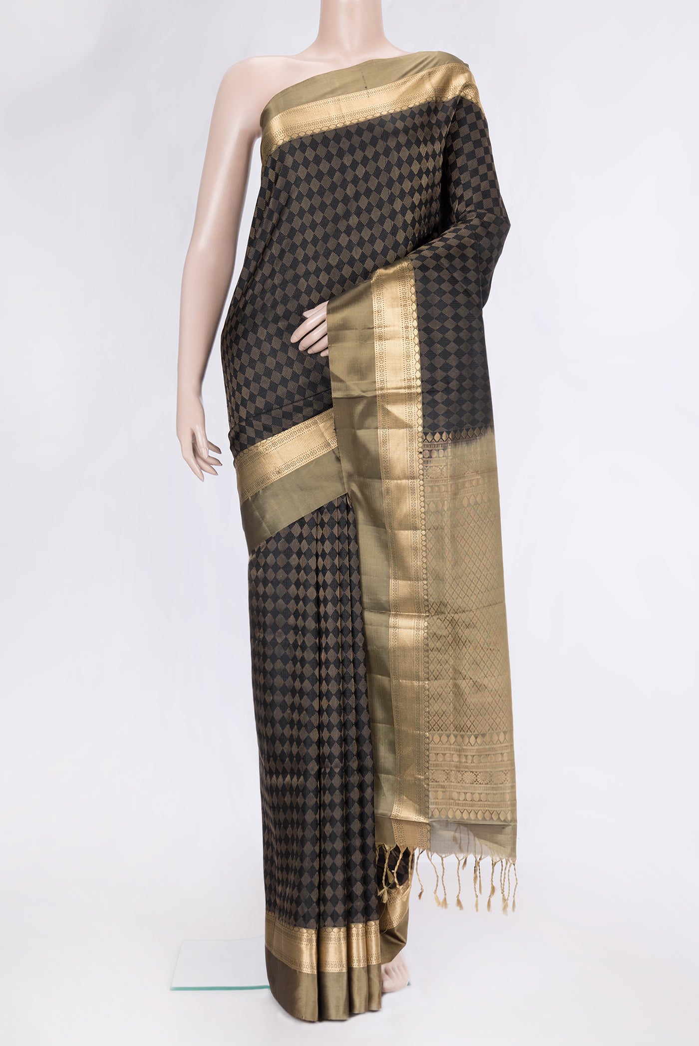 Black Dual Tone Soft Silk Saree with Zari Brocade on the body and Zari Border.  displayed on a mannequin