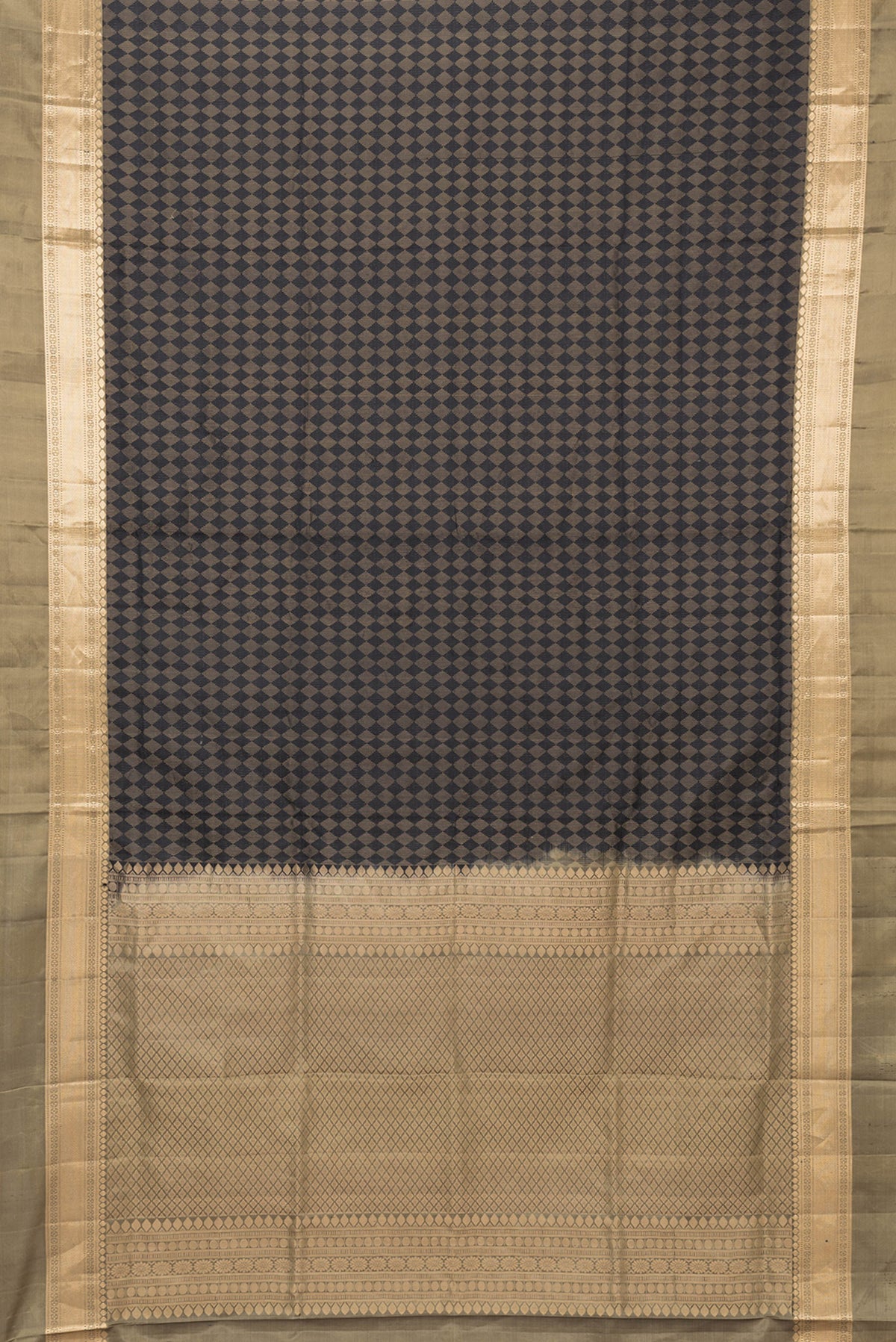 Flat view of Black Dual Tone Soft Silk Saree with Zari Brocade on the body and Zari Border. 
