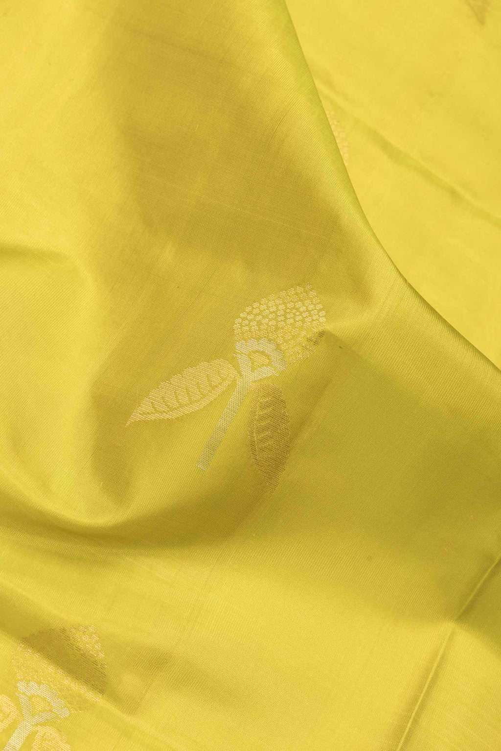 Close up of Parrot Green Dual Tone Soft Silk Saree with Zari Butta on the body and Zari Border.  displaying folds