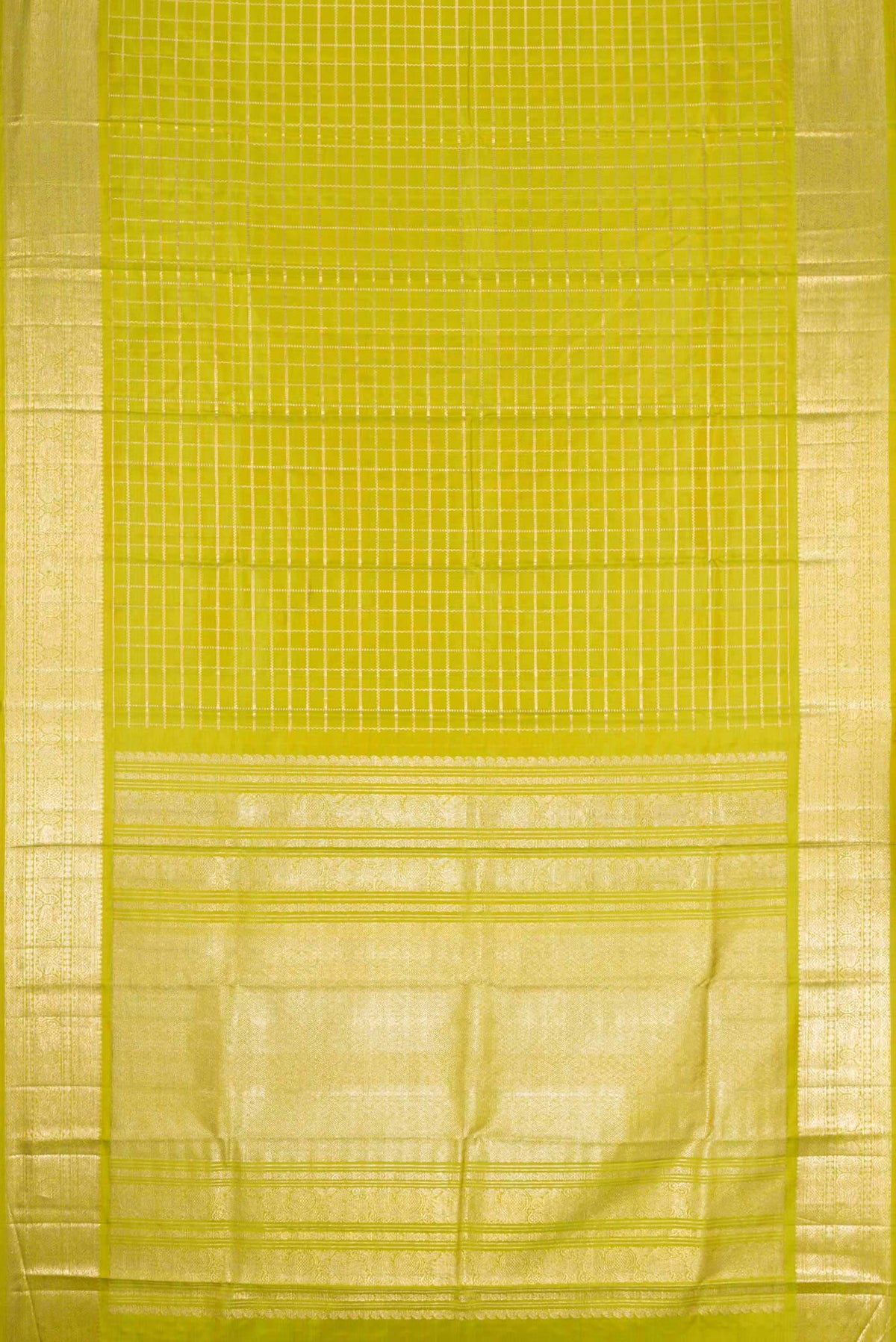 Flat view of Parrot Green Kanchipuram Silk Saree with Checked design on the body and Zari Border