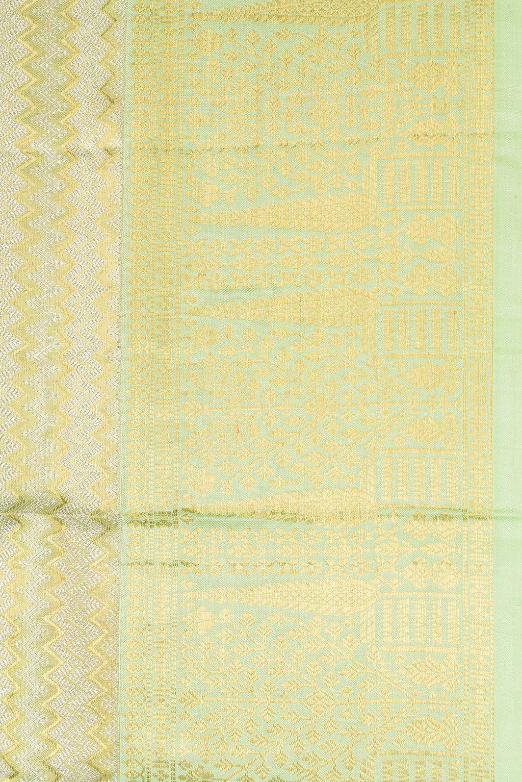 Border image of Pista Green Dual Tone Kanjivaram Tissue Silk Saree with Zari Brocade on the body and Zari Border. 