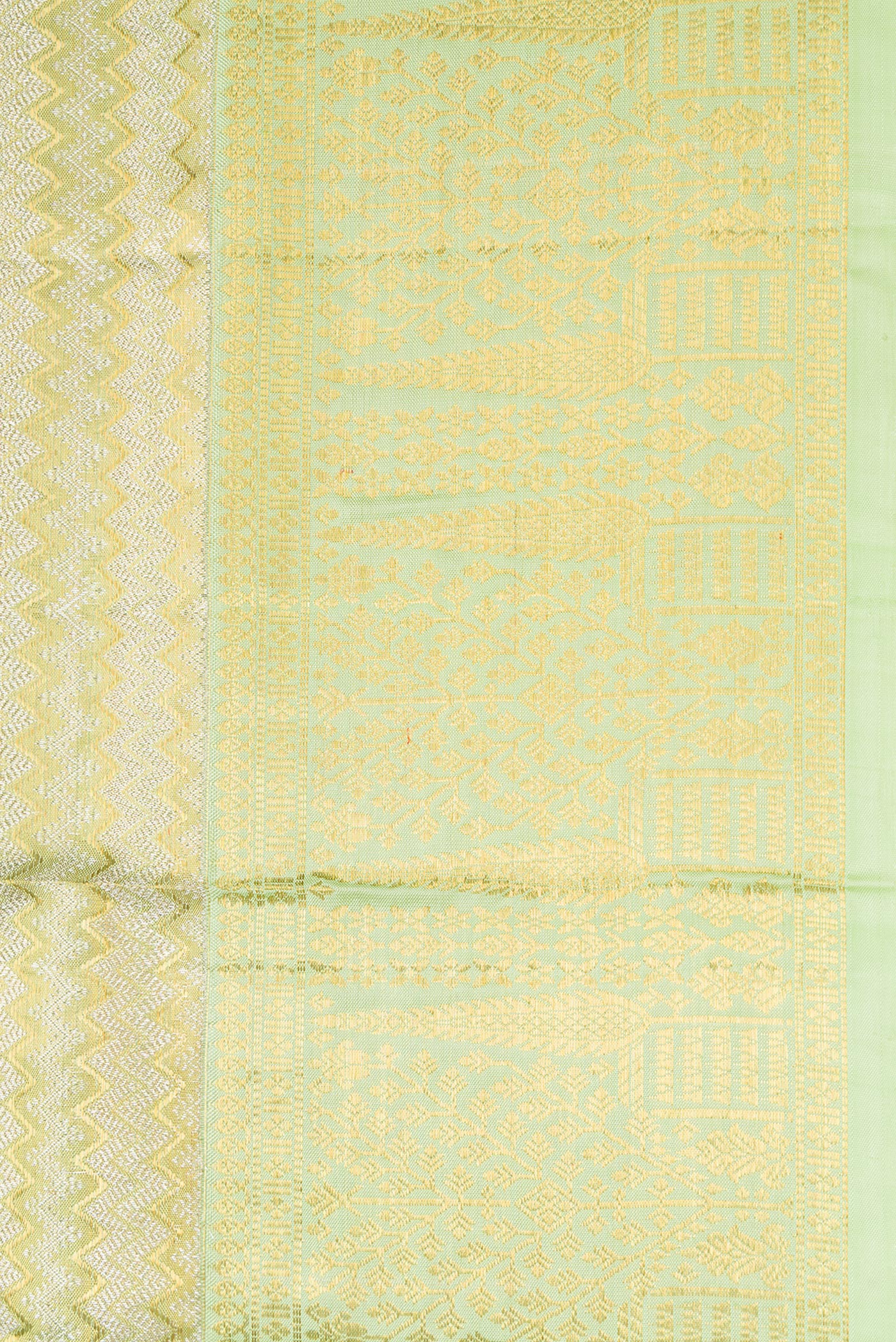 Border image of Pista Green Dual Tone Kanjivaram Tissue Silk Saree with Zari Brocade on the body and Zari Border. 