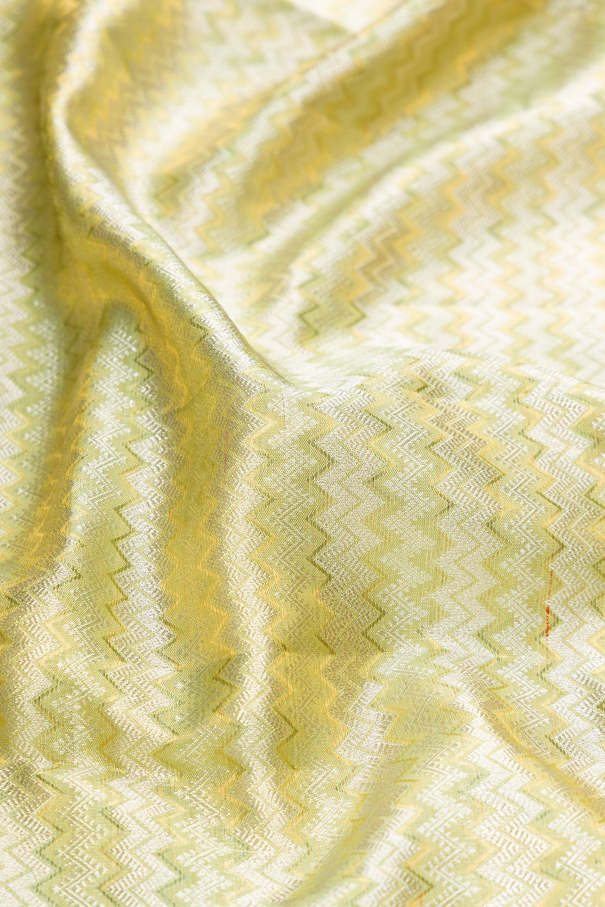 Close up of Pista Green Dual Tone Kanjivaram Tissue Silk Saree with Zari Brocade on the body and Zari Border.  displaying folds