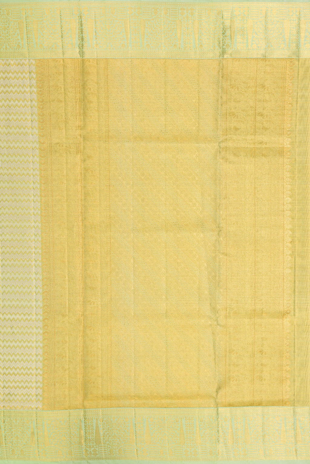 Close up image of the pallu of Pista Green Dual Tone Kanjivaram Tissue Silk Saree with Zari Brocade on the body and Zari Border. 