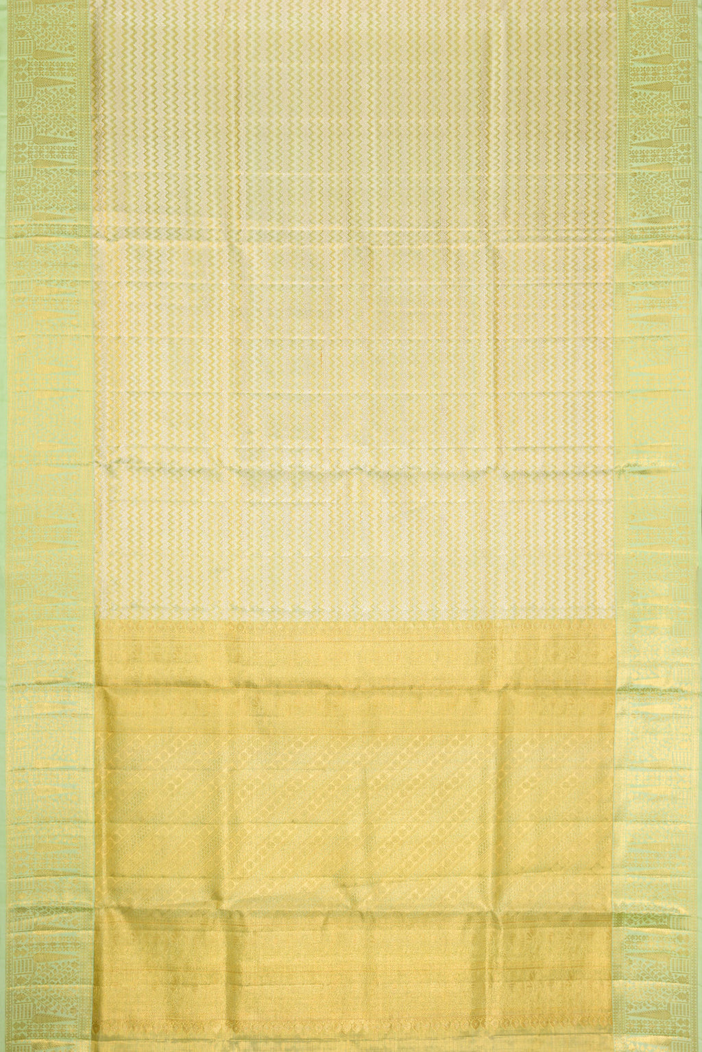 Flat view of Pista Green Dual Tone Kanjivaram Tissue Silk Saree with Zari Brocade on the body and Zari Border. 