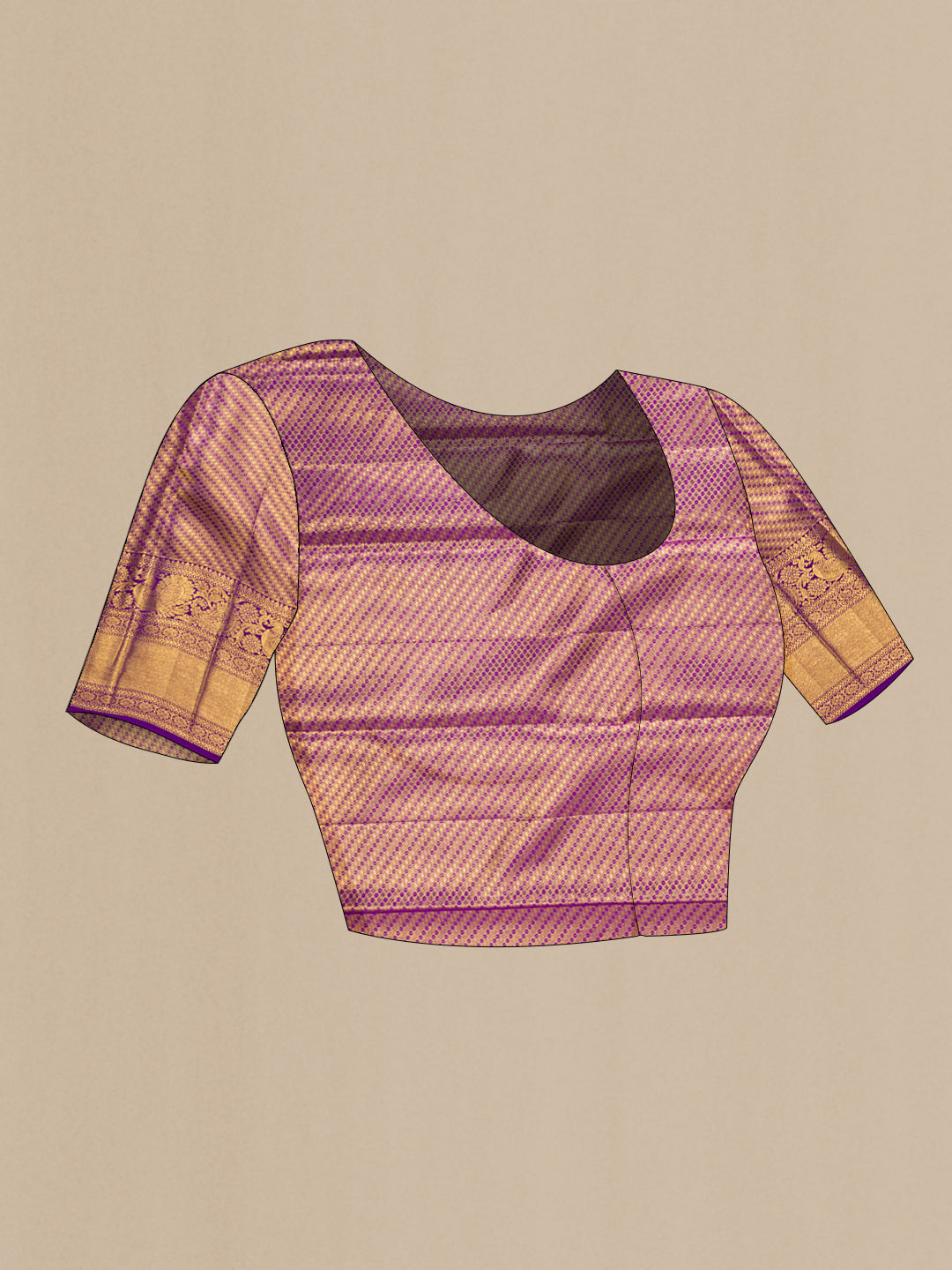 Close up image of the blouse of Gold Dual Tone Kanjivaram Tissue Silk Saree with Zari Brocade on the body and Zari Border. 