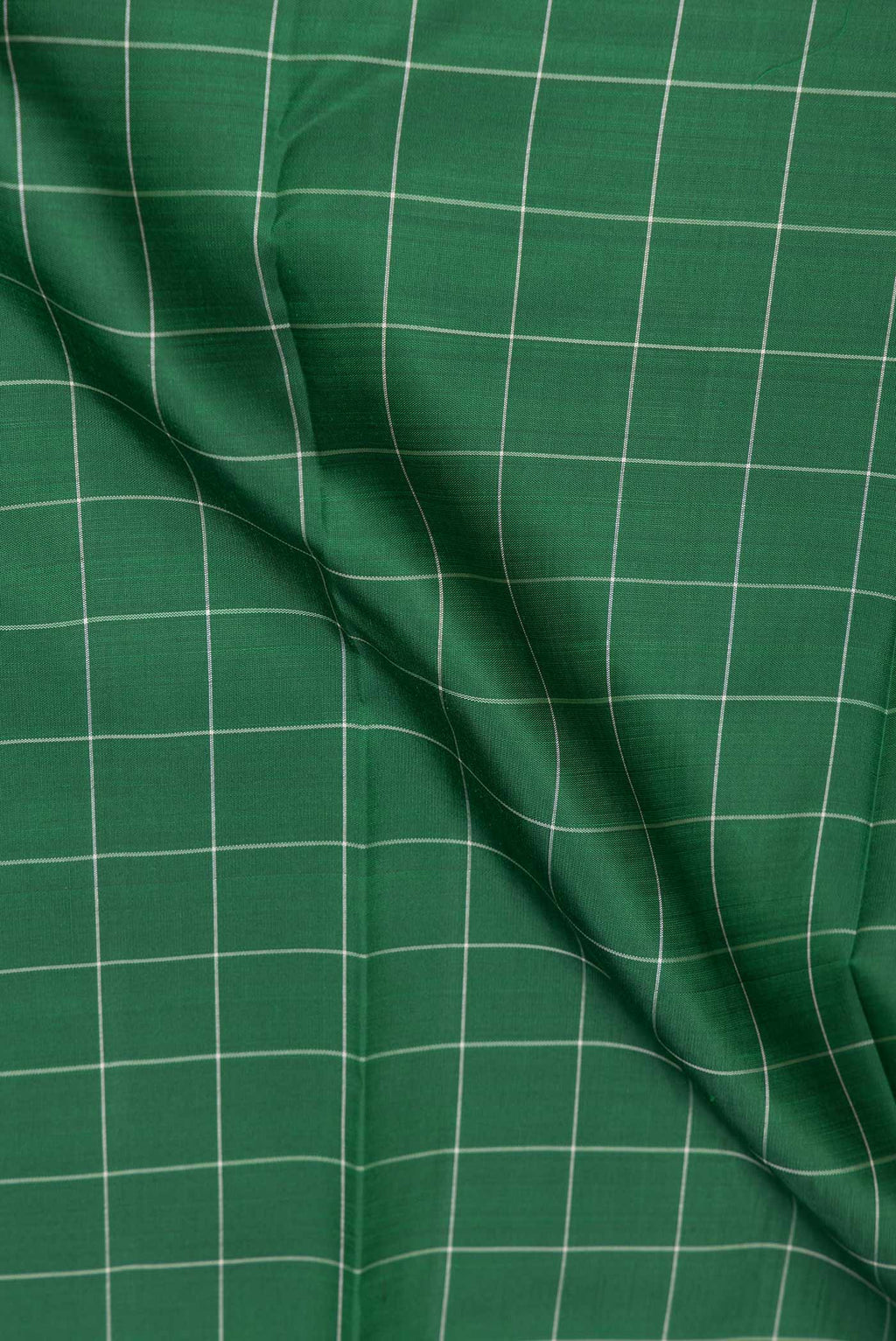 Close up of Green Dual Tone Kanchipuram Saree with Checked design on the body and Plain Border.  displaying folds