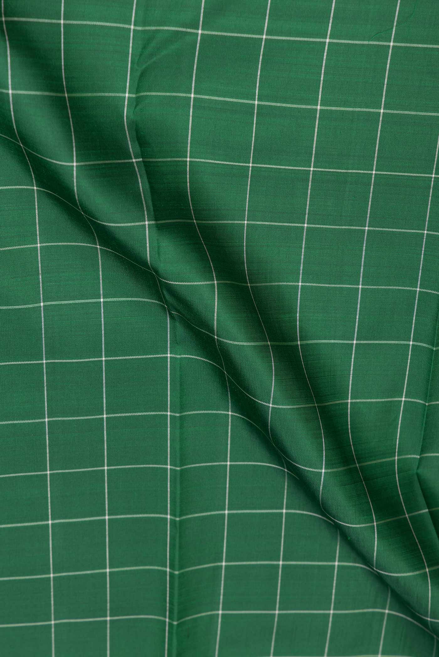 Close up of Green Dual Tone Kanchipuram Saree with Checked design on the body and Plain Border.  displaying folds
