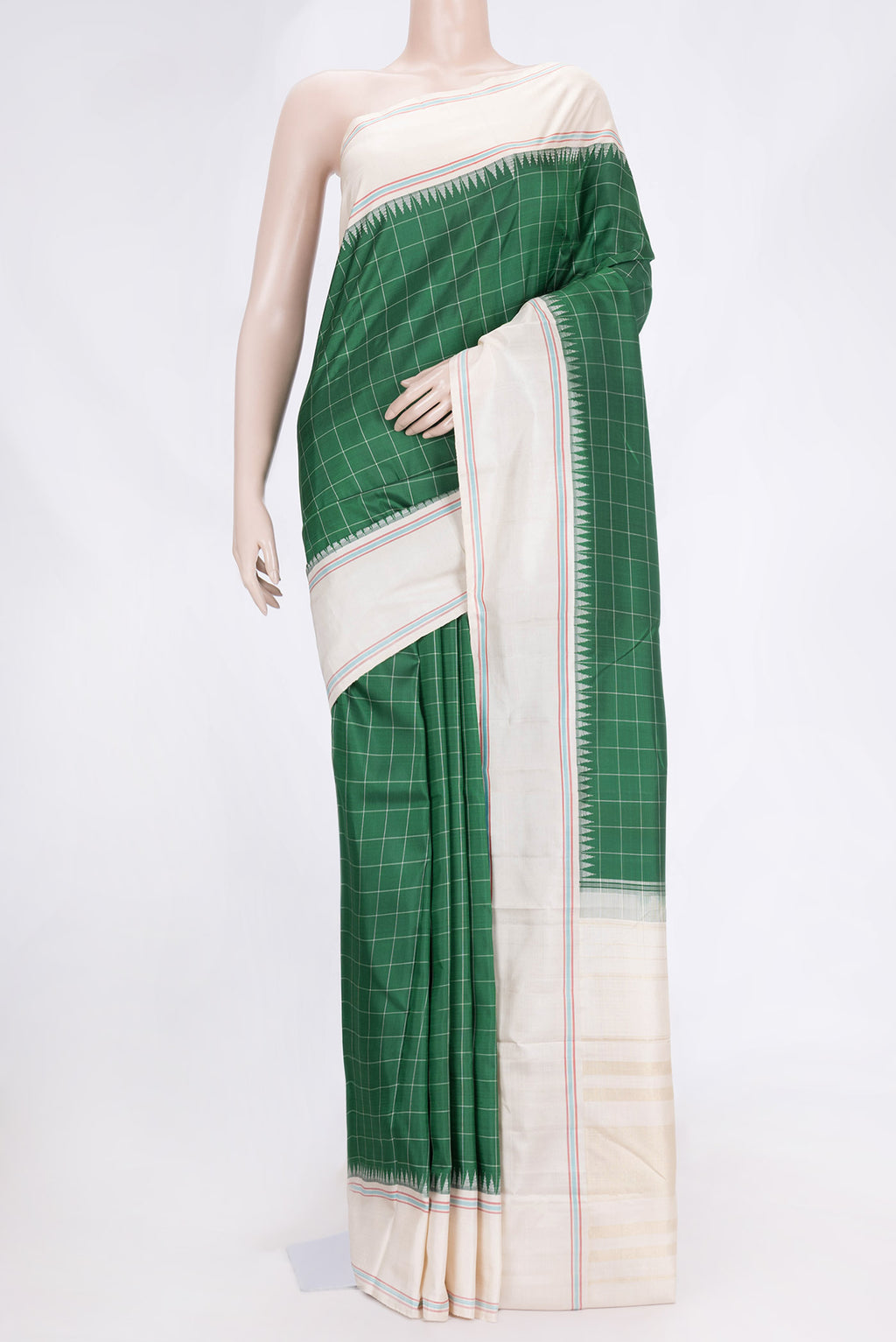 Green Dual Tone Kanchipuram Saree with Checked design on the body and Plain Border.  displayed on a mannequin