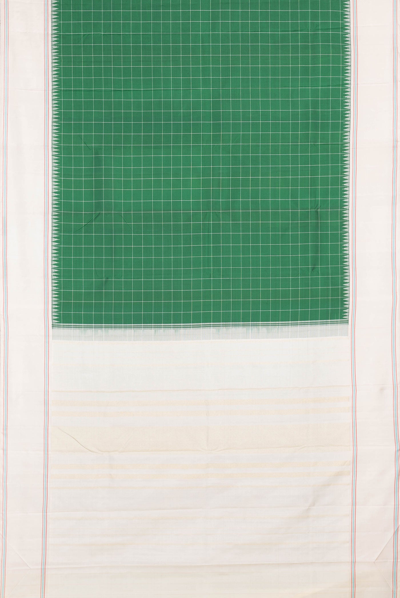 Flat view of Green Dual Tone Kanchipuram Saree with Checked design on the body and Plain Border. 