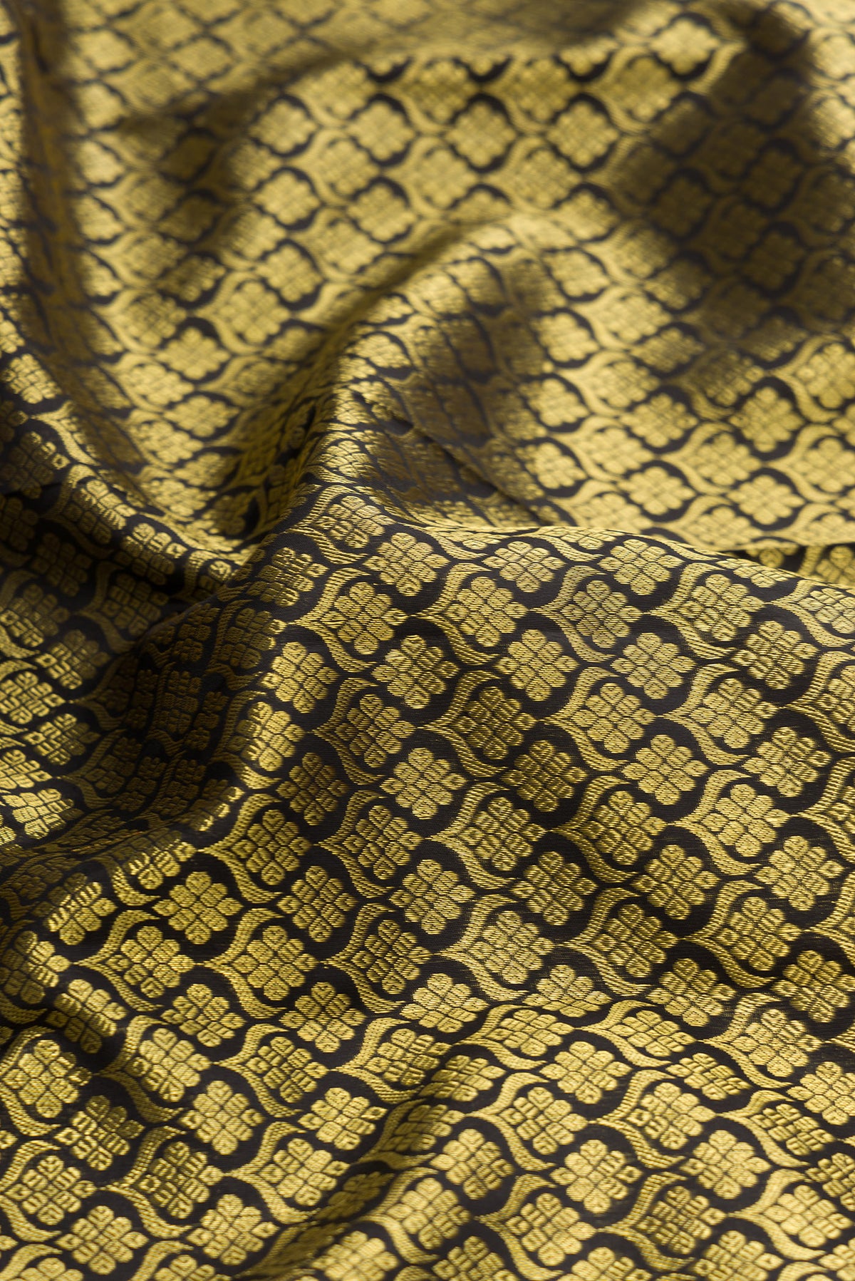 Close up of Black Dual Tone Kanjivaram Silk Saree with Zari Brocade on the body and Zari Border.  displaying folds