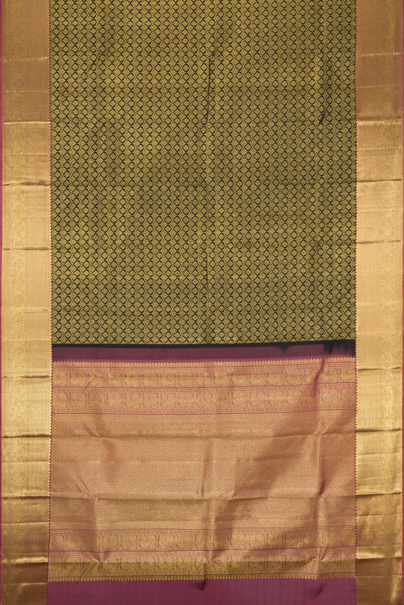 Flat view of Black Dual Tone Kanjivaram Silk Saree with Zari Brocade on the body and Zari Border. 