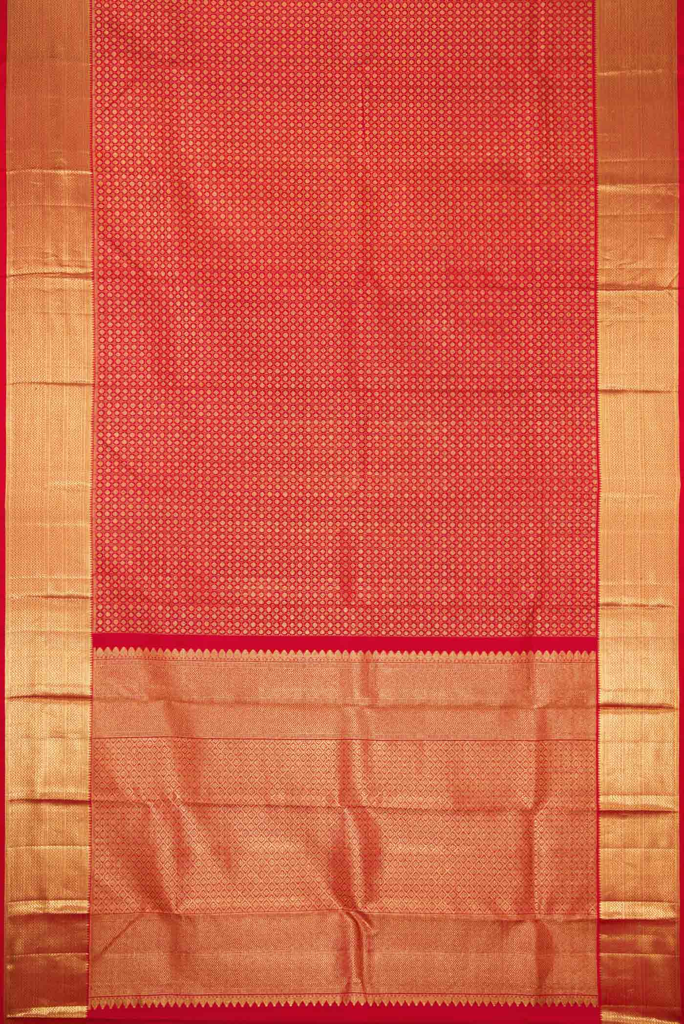 Flat view of Maroon Dual Tone Kanjivaram Silk Saree with Zari Brocade on the body and Zari Border. 