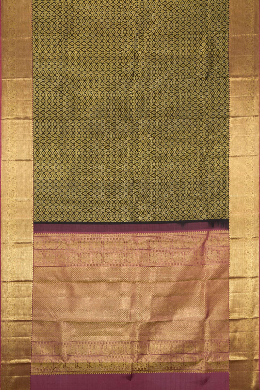 Flat view of Black Dual Tone Kanjivaram Silk Saree with Zari Brocade on the body and Zari Border. 