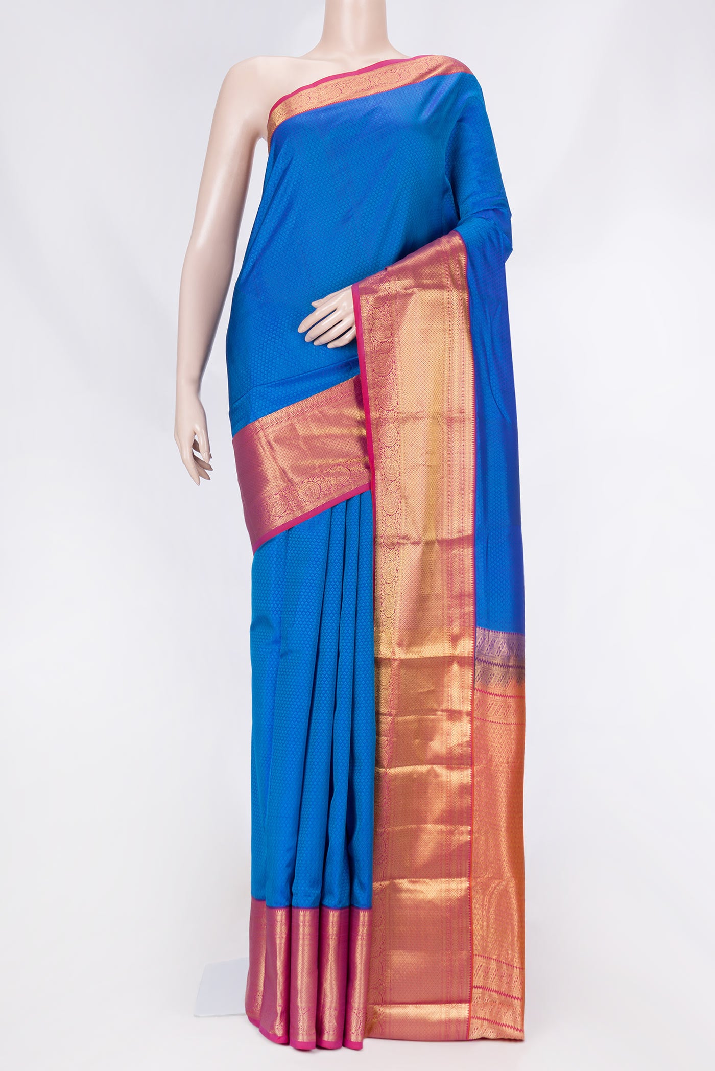 Peacock Blue Dual Tone Kanchipuram Saree with Jacquard design on the body and Zari Border displayed on a mannequin
